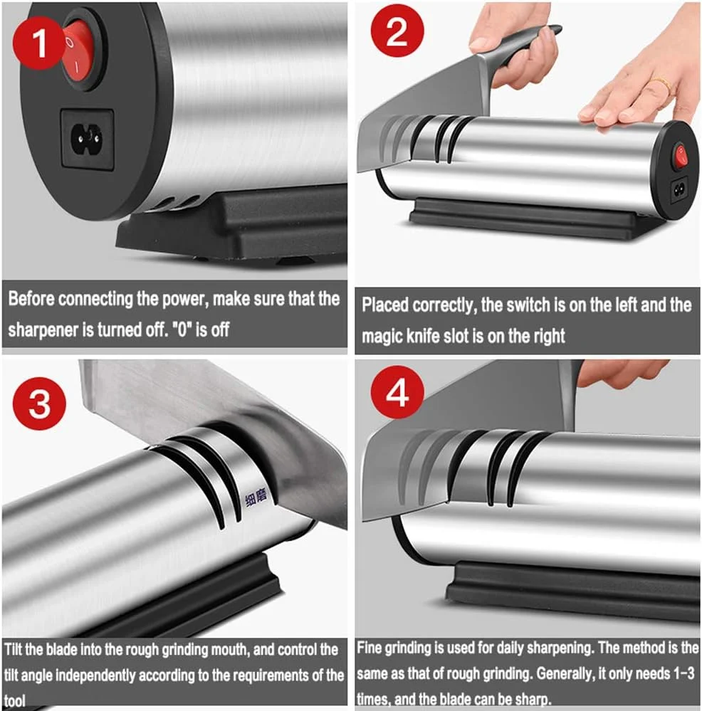 تیزکن برقی چاقو، ابزار آشپزخانه، زاویه ثابت، سنگ تیز کننده، تیز کردن سریع چاقو، چاقوی آشپزخانه، قیچی، تیغه، لبه تیز