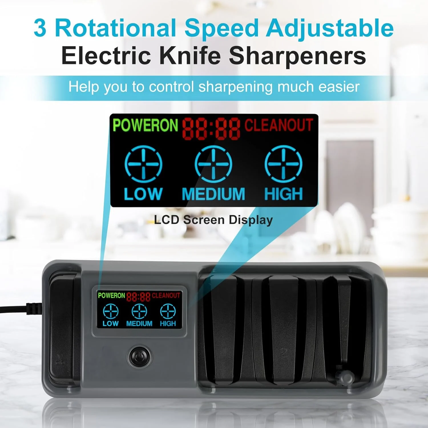 چاقو تیزکن برقی ارتقا یافته 5 در 1 با صفحه نمایش LCD، 3 سرعت چرخشی قابل تنظیم، سوهان الماسه، چاقو تیزکن برای چاقوهای صاف، دندانه دار، ساطور گوشت، چاقوهای سرامیکی و قیچی، خاکستری