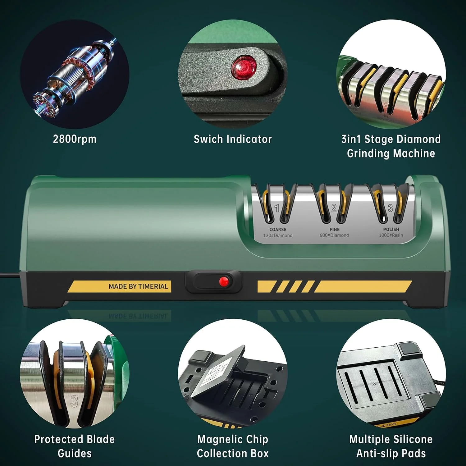 چاقو تیزکن برقی TIMERIAL با 3 مرحله دیسک های الماسه و راهنمای زاویه دقیق 15 درجه برای تیز کردن و صیقل دادن چاقوهای آشپزخانه استیل یا سرامیکی، درجه زبری 120 / درجه زبری 600 / درجه زبری 1000 چاقو تیزکن برقی TIMERIAL با 3 مرحله دیسک های الماسه و راهنمای زاویه دقیق 15 درجه برای تیز کردن و صیقل دادن چاقوهای آشپزخانه استیل یا سرامیکی، درجه زبری 120 / درجه زبری 600 / درجه زبری 1000