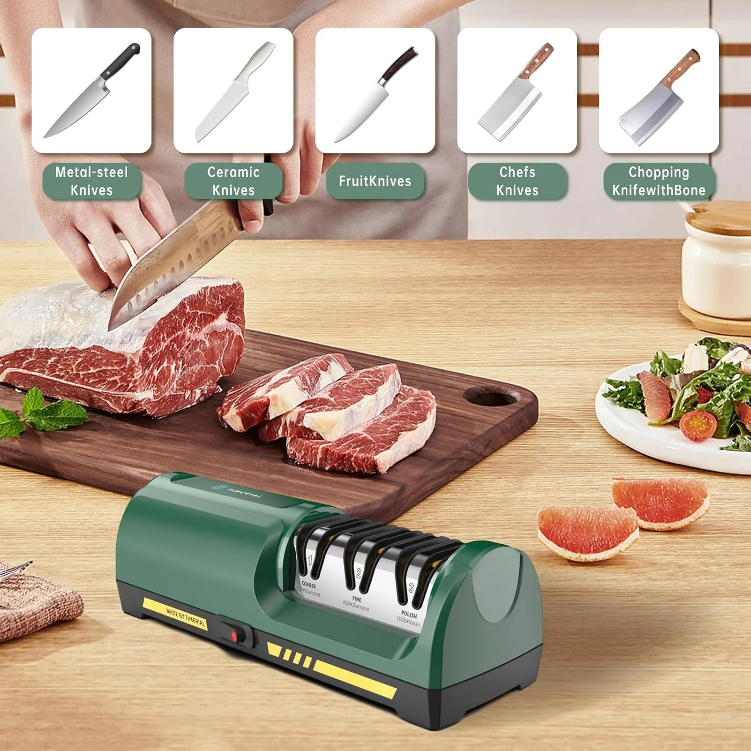 چاقو تیزکن برقی TIMERIAL با 3 مرحله دیسک های الماسه و راهنمای زاویه دقیق 15 درجه برای تیز کردن و صیقل دادن چاقوهای آشپزخانه استیل یا سرامیکی، درجه زبری 120 / درجه زبری 600 / درجه زبری 1000 چاقو تیزکن برقی TIMERIAL با 3 مرحله دیسک های الماسه و راهنمای زاویه دقیق 15 درجه برای تیز کردن و صیقل دادن چاقوهای آشپزخانه استیل یا سرامیکی، درجه زبری 120 / درجه زبری 600 / درجه زبری 1000