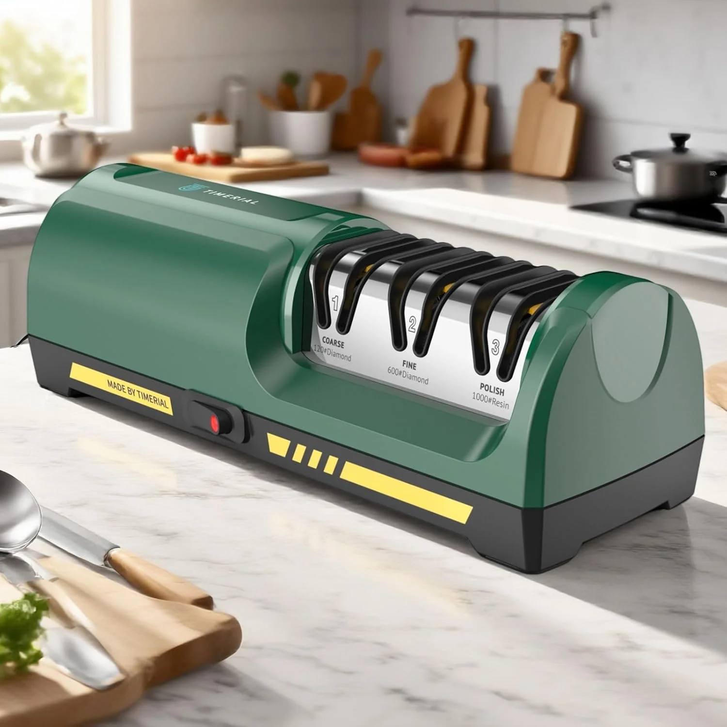 چاقو تیزکن برقی TIMERIAL با 3 مرحله دیسک های الماسه و راهنمای زاویه دقیق 15 درجه برای تیز کردن و صیقل دادن چاقوهای آشپزخانه استیل یا سرامیکی، درجه زبری 120 / درجه زبری 600 / درجه زبری 1000 چاقو تیزکن برقی TIMERIAL با 3 مرحله دیسک های الماسه و راهنمای زاویه دقیق 15 درجه برای تیز کردن و صیقل دادن چاقوهای آشپزخانه استیل یا سرامیکی، درجه زبری 120 / درجه زبری 600 / درجه زبری 1000
