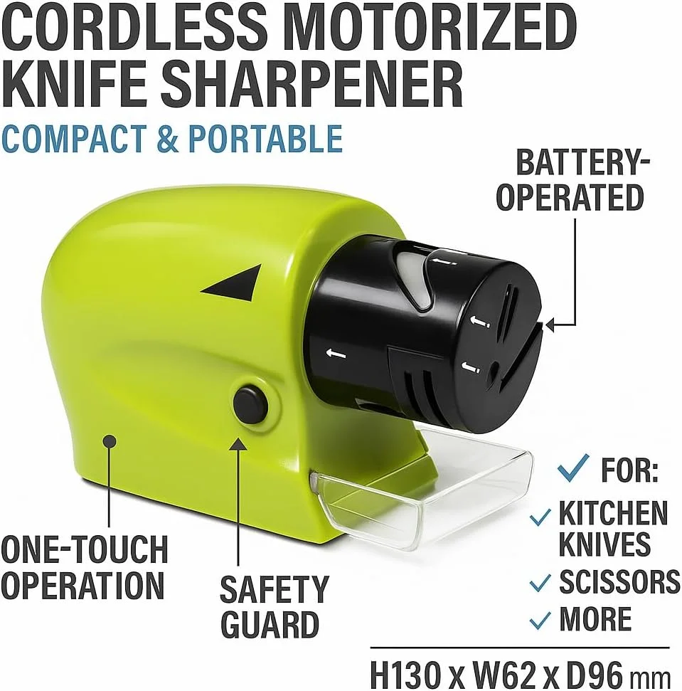 تیزکننده چاقو موتوری بی سیم فیتو، جمع و جور و قابل حمل، ابزار تیز کردن تیغه با باتری برای چاقوهای آشپزخانه، قیچی و موارد دیگر - سبز، ارتفاع 130 x عرض 32 x عمق 30 میلی متر