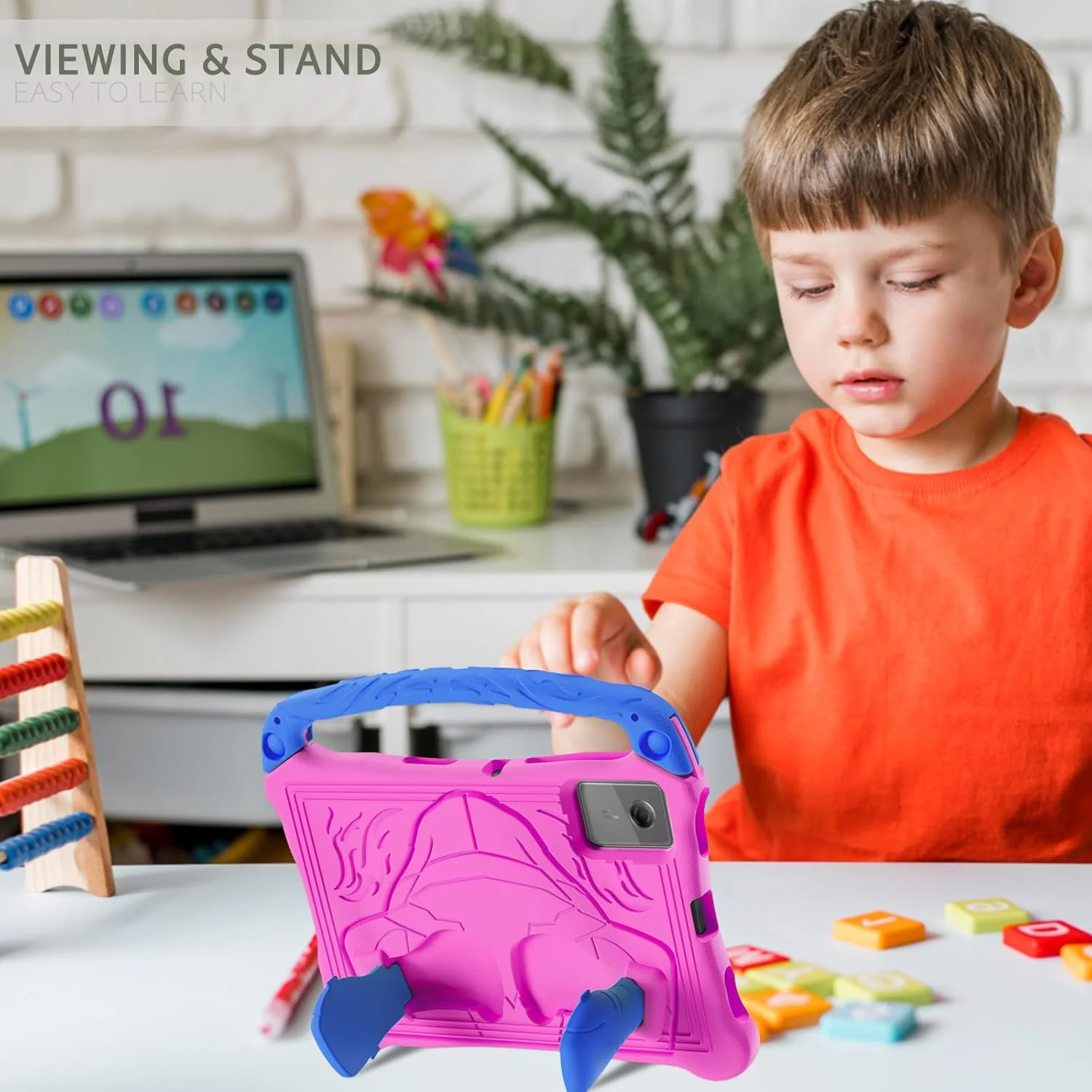 کیف محافظ کودکانه Gruattreay سازگار با تبلت Lenovo Idea Tab 11 اینچ 2025 (TB-336ZU/TB-336FU)، سبک وزن، ضد ضربه و مقاوم در برابر افتادن با دسته/پایه، کیف مناسب کودکان (صورتی+آبی)