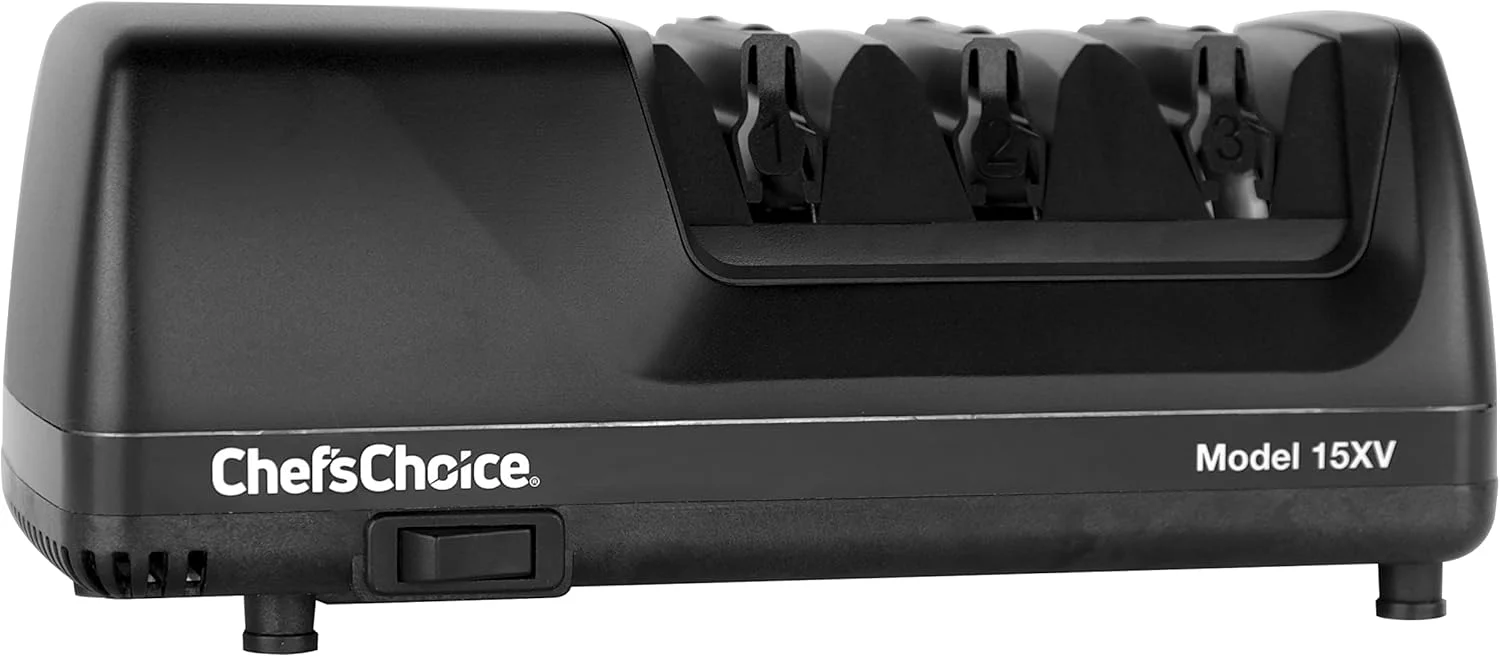 چاقو تیزکن برقی حرفه ای Chef's Choice Trizor 15XV با سنگ های الماس 100% و راهنمای زاویه دقیق برای چاقوهای لبه صاف و دندانه دار، 3 مرحله ای، مشکی
