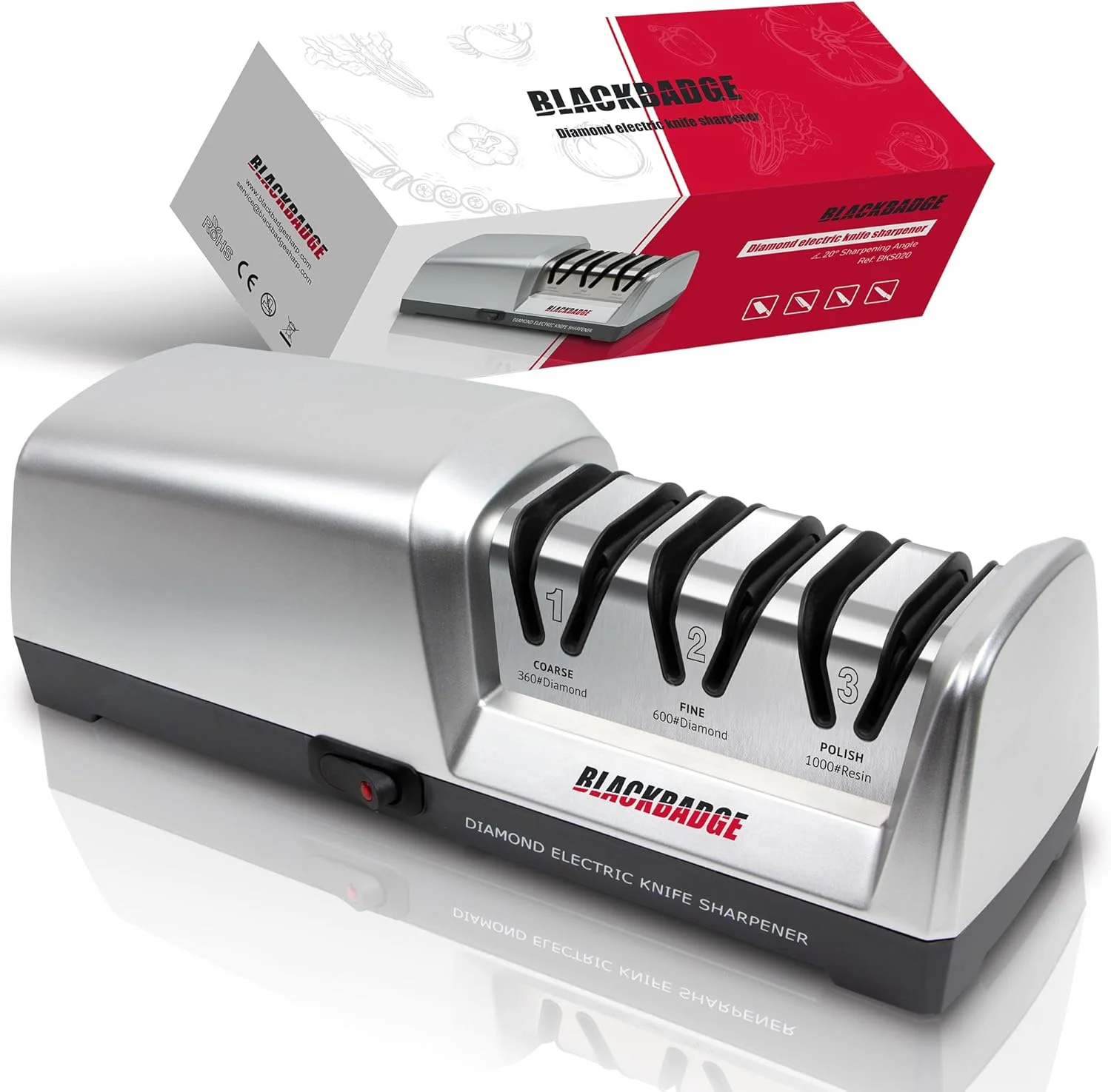 چاقو تیزکن برقی حرفه ای BLACKBADGE برای چاقوهای آشپزخانه، سیستم چاقو تیزکن 3 مرحله ای با مواد ساینده الماس، تیز کردن سریع، تعمیر/بازسازی/صیقل دادن تیغه ها