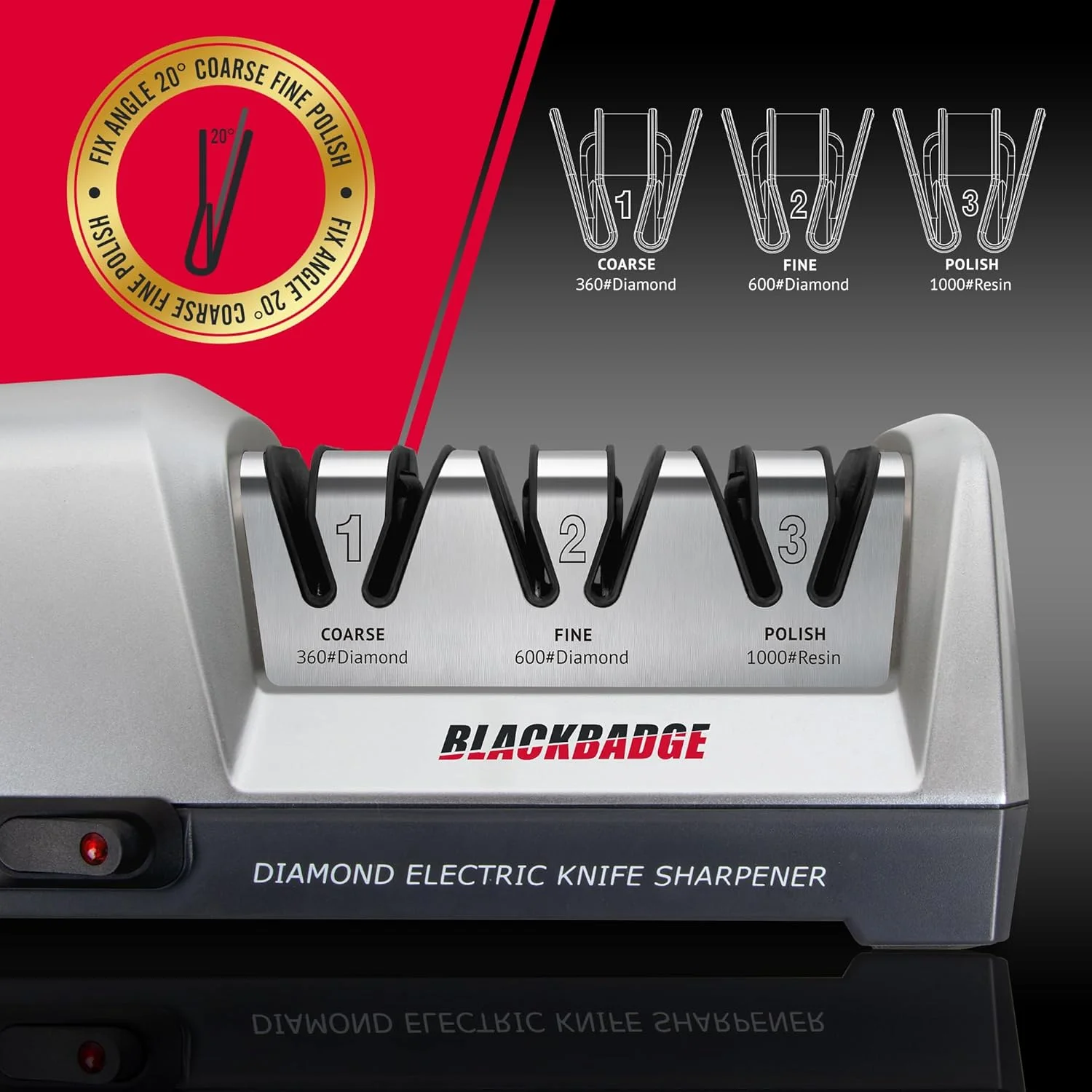 چاقو تیزکن برقی حرفه ای BLACKBADGE برای چاقوهای آشپزخانه، سیستم چاقو تیزکن 3 مرحله ای با مواد ساینده الماس، تیز کردن سریع، تعمیر/بازسازی/صیقل دادن تیغه ها