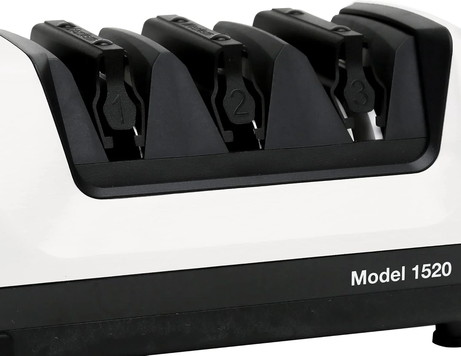 چاقو تیز کن برقی Chef's Choice AngleSelect برای چاقوهای 15 و 20 درجه، دارای سنگ های الماس 100 درصد و راهنماهای دقیق پرداخت کاری، 3 مرحله ای، سفید