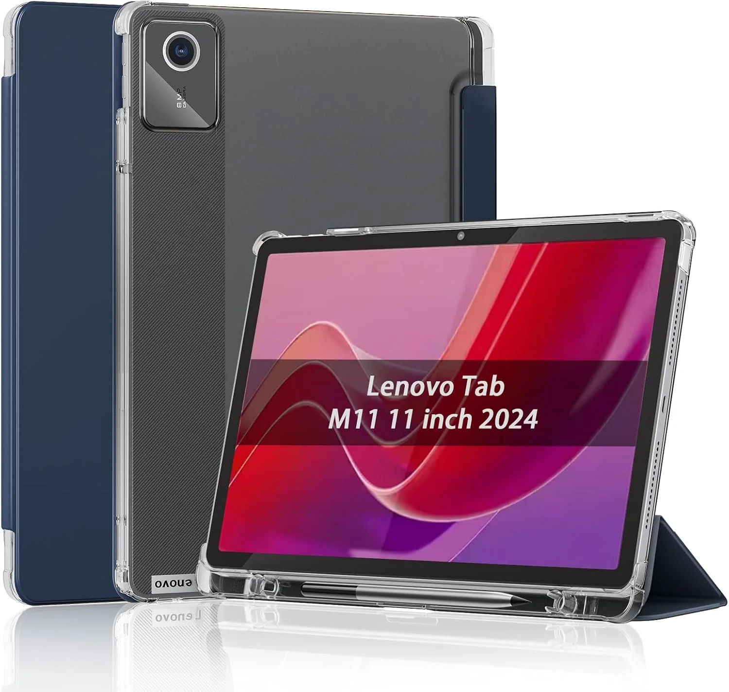 کیف تبلت برای لنوو تب M11 (TB-330FU/TB-330XU)، روکش پشتی شفاف مات PC با پایه سه تایی چرمی PU ممتاز Sanyetral به همراه جای قلم و قابلیت بیدار/خواب خودکار برای لنوو تب M11/K11 - آبی تیره