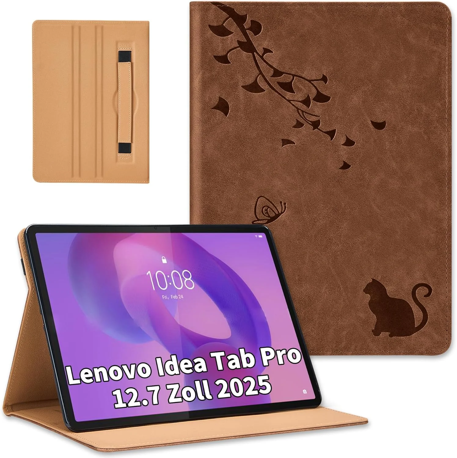 کیف محافظ چرمی تبلت لنوو Idea Tab Pro 12.7 اینچ مدل 2025، طرح پروانه و گربه فانتزی، با قابلیت استند و بند دستی، مناسب برای مدل های TB-373FU TB-375FC - قهوه ای