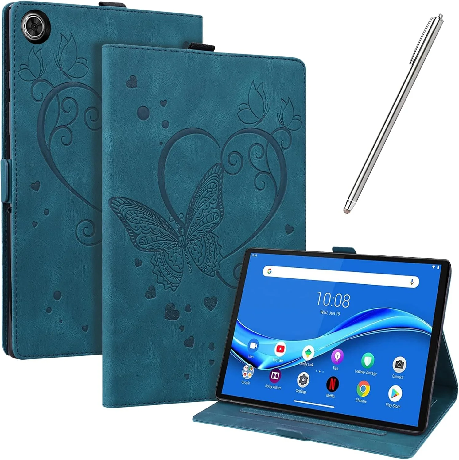 کیف محافظ چرمی JayModCase سازگار با تبلت لنوو تب M10 پلاس نسل 3 مدل 10.6 اینچی 2022 (TB-125FU/TB-128FU/TB-128XU) با قابلیت استند، جای کارت و جای قلم، مدل تاشو (آبی)