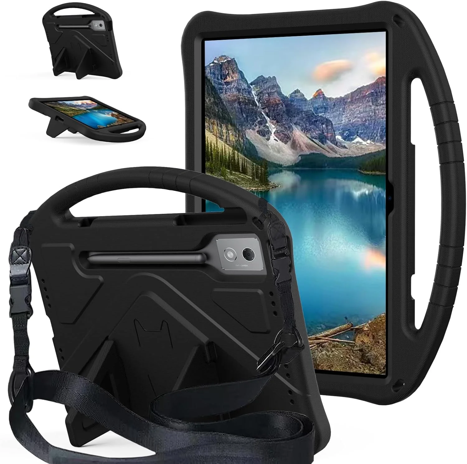 کیف محافظ سبک وزن تبلت لنوو Idea Tab Pro 12.7 اینچ TB-373FU 2025 / Tab P12 TB-370 (2023) با بند شانه و استند مناسب کودکان (مشکی)