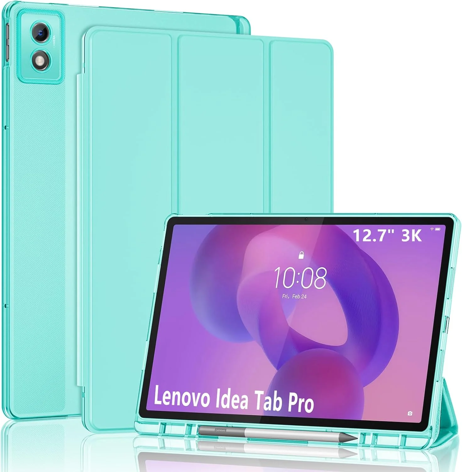 کیف هوشمند ProCase برای تبلت Lenovo Idea Tab Pro 12.7 اینچی 2025 به همراه جای قلم، کاور محافظ باریک تاشو سه لایه با پشت شفاف و پشتیبانی از حالت خواب/بیدار خودکار - نعنایی