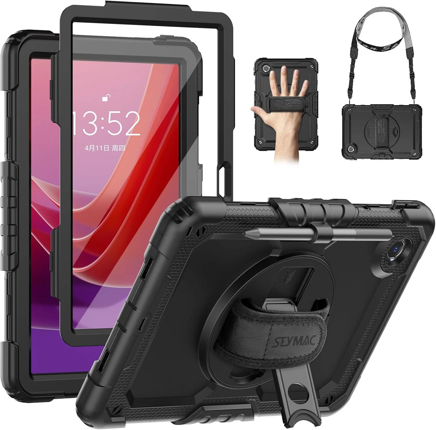 کیف محافظ تبلت SEYMAC مناسب برای Lenovo Tab M11 2024 (TB-330FU/TB-331FC)، کیف ضد ضربه Lenovo Tab M11 با محافظ صفحه نمایش، استند چرخان 360 درجه و بند دستی، بند شانه، جای قلم، مشکی