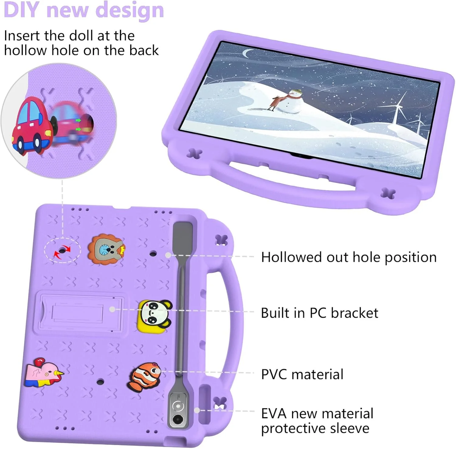 کیف Billionn Kids سازگار با تبلت Lenovo Tab P12 12.7 اینچی 2023، کاور محافظ ضد ضربه EVA با قابلیت DIY همراه با جای قلم/بند شانه/پایه دسته، بنفش