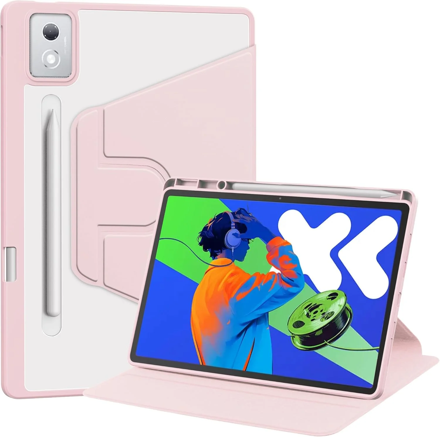 کاور تبلت لنوو Idea Tab Pro 12.7 اینچ 2025 با جای قلم: پشت سخت PC شفاف - کاور چرخان 360 درجه قابل تنظیم تبلت Lenovo Tab P12 12.7 اینچ 2023 - حالت خواب/بیدار خودکار (صورتی)