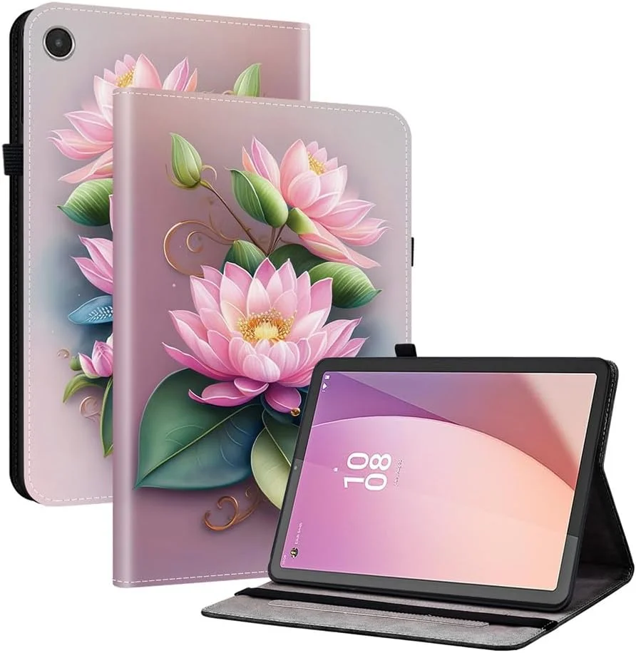 کیف تبلت HYAEcase مناسب برای لنوو تب M8 نسل 4 سال 2024/2023 (TB-301FU,TB-300FU)، جلد چرمی تبلت با نوارهای ضد لغزش، جای کارت، کش الاستیک، جای قلم، پایه قابل تنظیم (گل نیلوفر)
