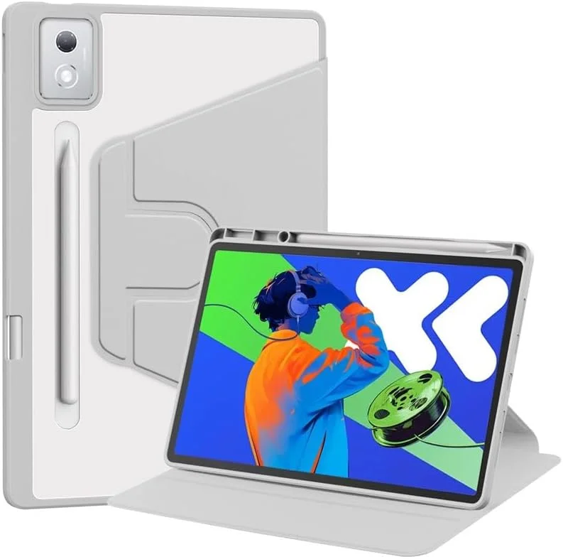 کیف چرمی تبلت Gruattreay مناسب برای تبلت لنوو Idea Tab Pro 12.7 اینچ (2025) مدل TB373FU TB375FC با قابلیت خواب/بیدار شدن خودکار، پایه چرخان 360 درجه و پوشش پشتی اکریلیک شفاف به همراه جای قلم (خاکستری)
