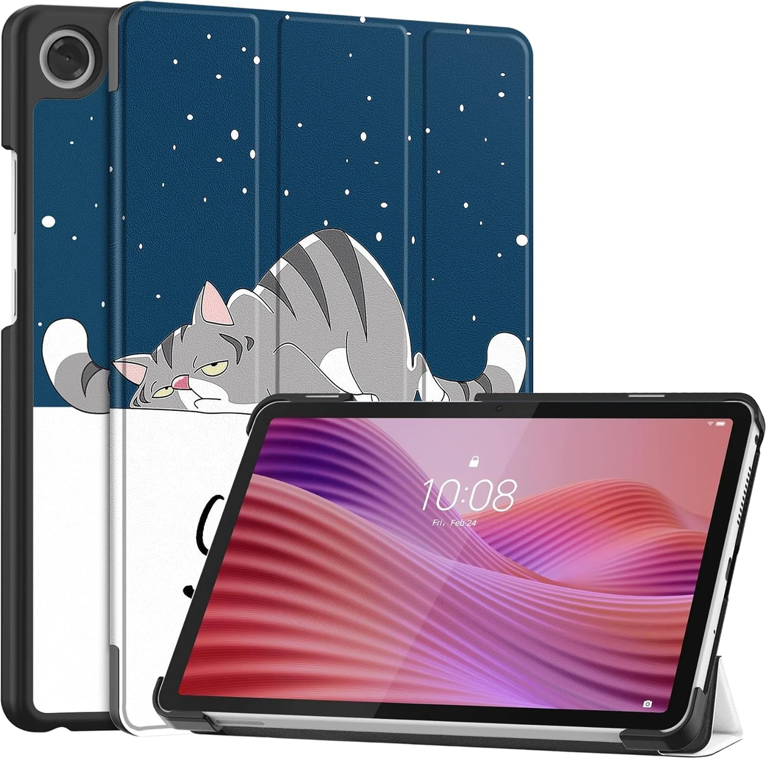 کیف تبلت SKEIDO برای لنوو تب وان / لنوو تب K9 8.7 اینچ (2025)، کیف چرمی PU سبک وزن سه تایی، پوشش محافظ ضد ضربه با قابلیت بیدار شدن/خواب خودکار - TB305FU (طرح گربه)