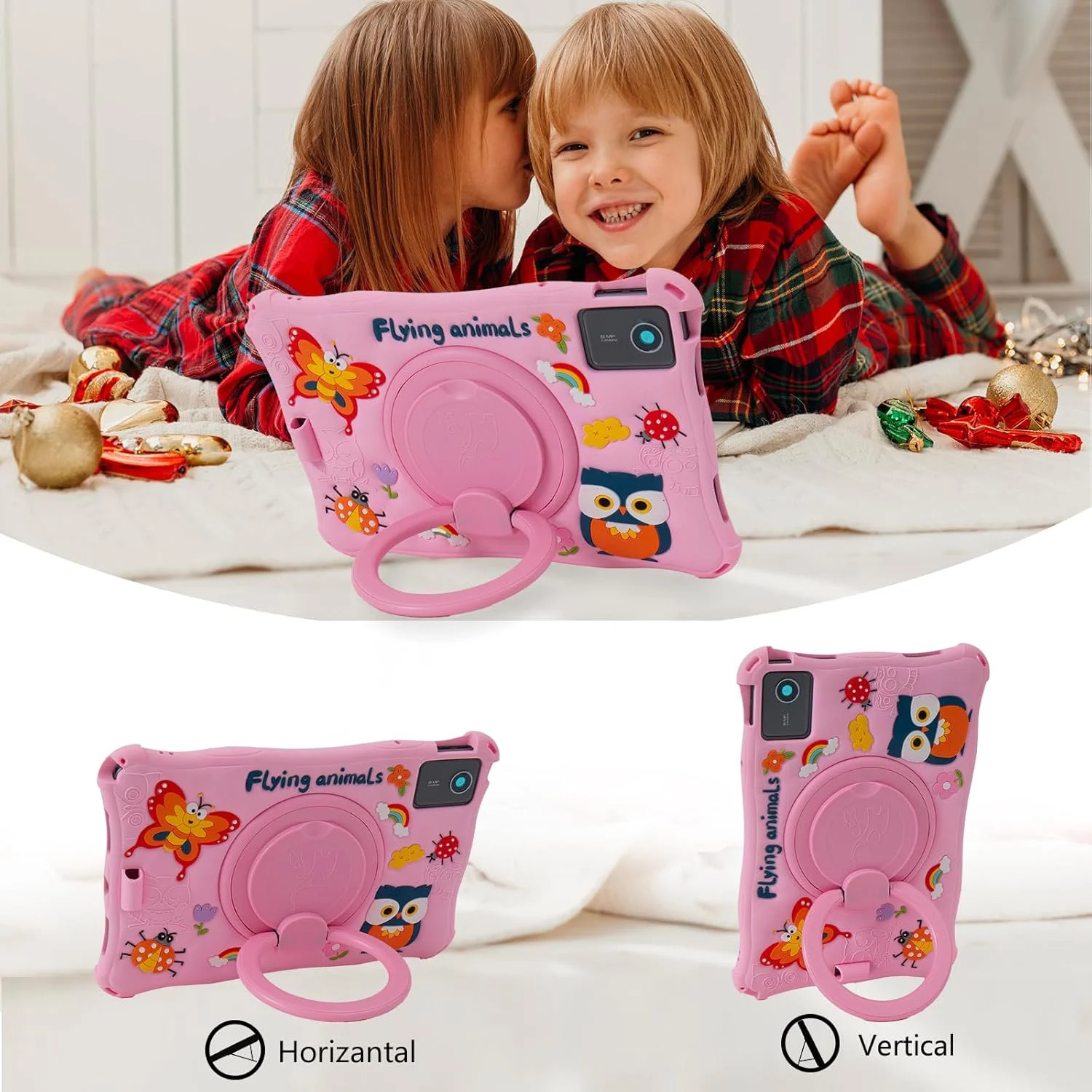 کاور سیلیکونی تبلت لنوو تب M11 سایز 11 اینچ (TB330FU) مدل Kwamaz، با استند چرخان 360 درجه و دسته، مناسب کودکان، به همراه بند، رنگ صورتی