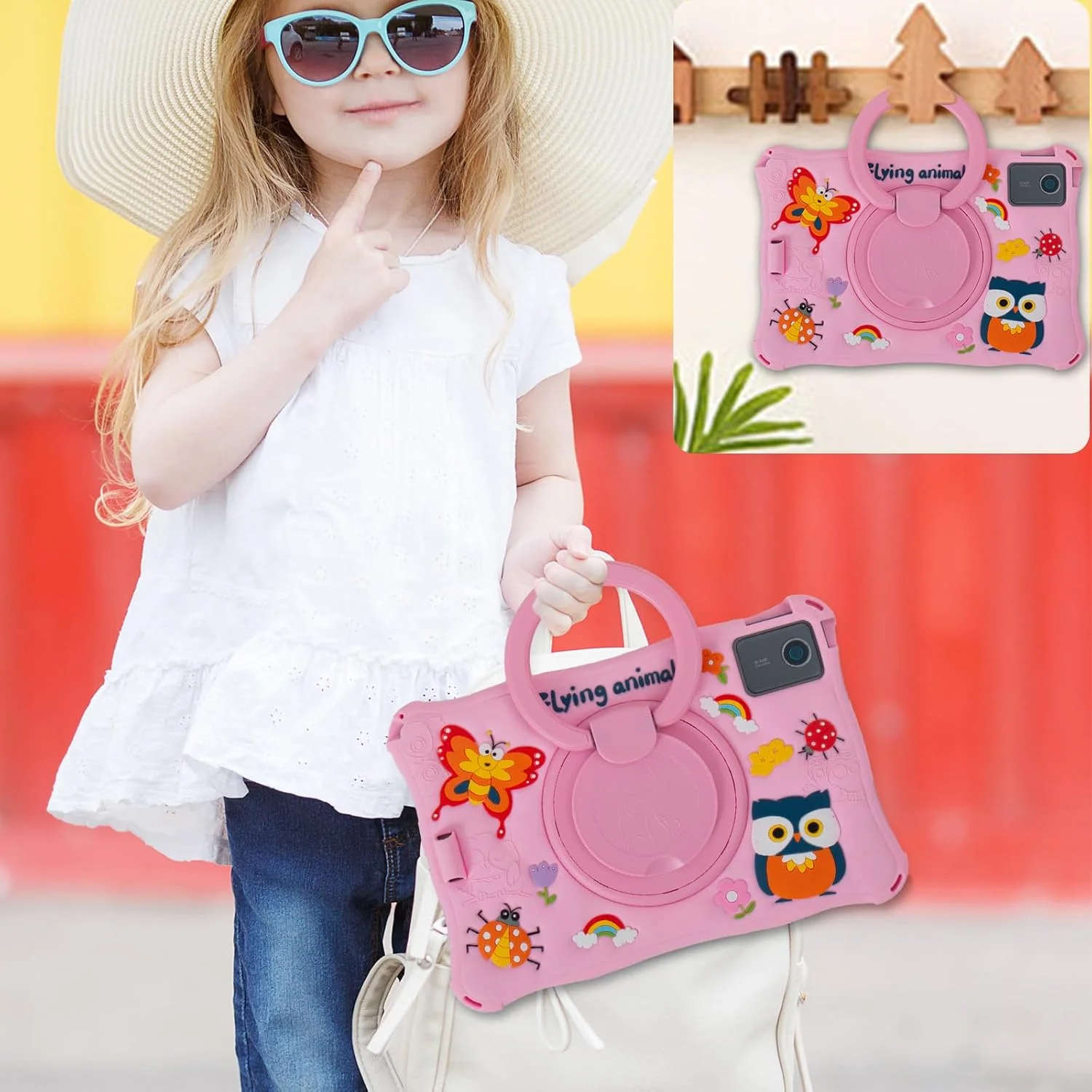 کاور سیلیکونی تبلت لنوو تب M11 سایز 11 اینچ (TB330FU) مدل Kwamaz، با استند چرخان 360 درجه و دسته، مناسب کودکان، به همراه بند، رنگ صورتی