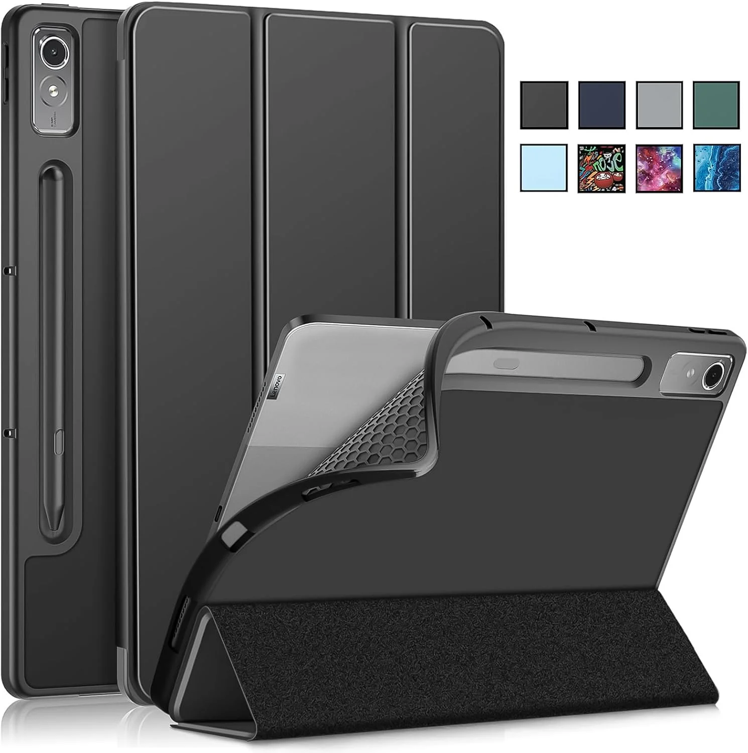 کاور هوشمند تبلت لنوو تب P12 / P12 Pro مدل (TB-370FU/TB-371FC) سایز 12.7 اینچ، پشتیبانی از عملکرد خواب/بیدار شدن خودکار، کاور پشتی محافظ TPU نرم و ضد ضربه، قاب تاشو (مشکی)