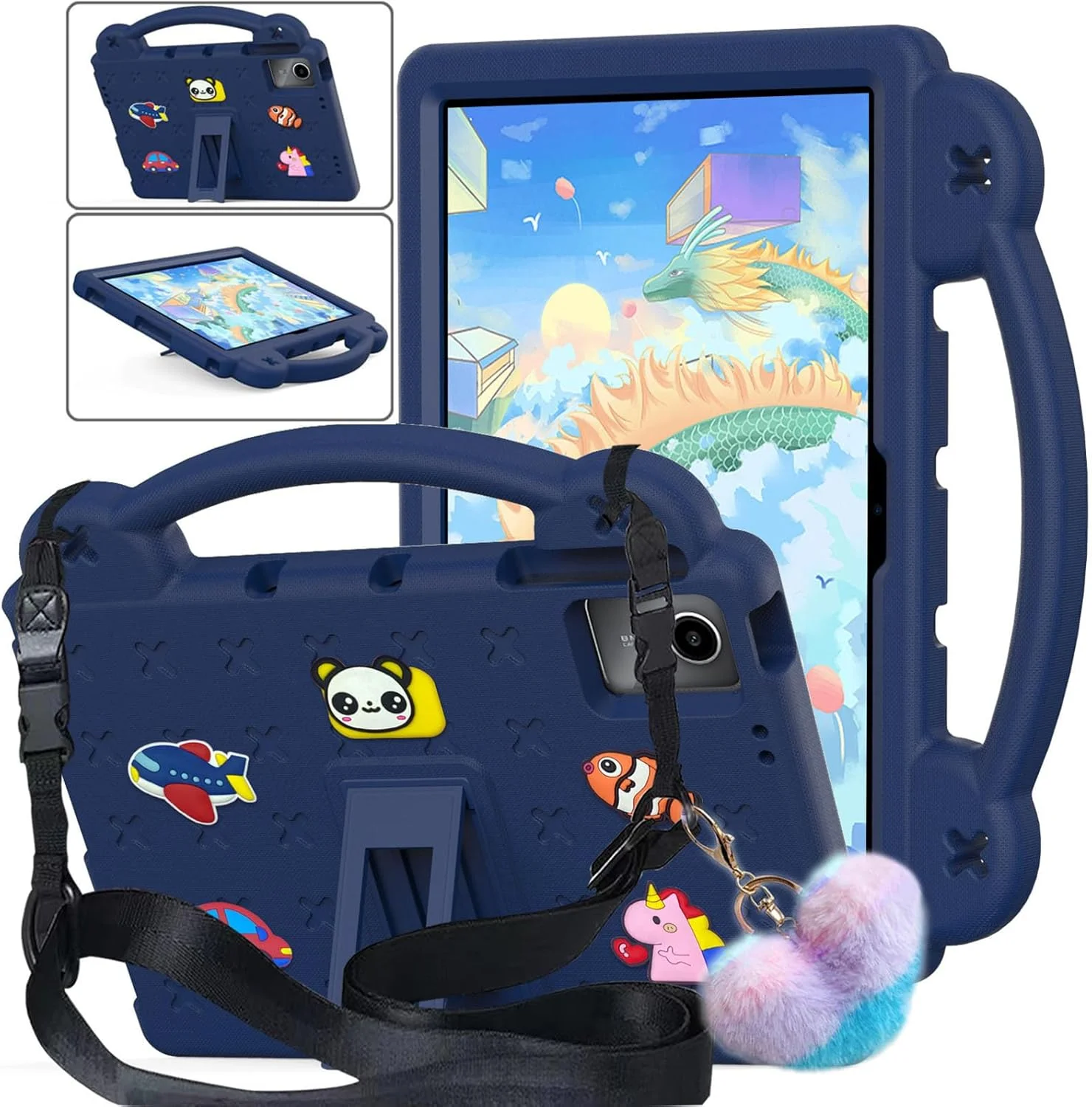 Billionn Kids Case Compatible with Lenovo Tab M11 11 inch Tablet (TB330FU/TB330XU), EVA Cartoon Shockproof Cover with Shoulder Strap Handle Stand, Navy Blue