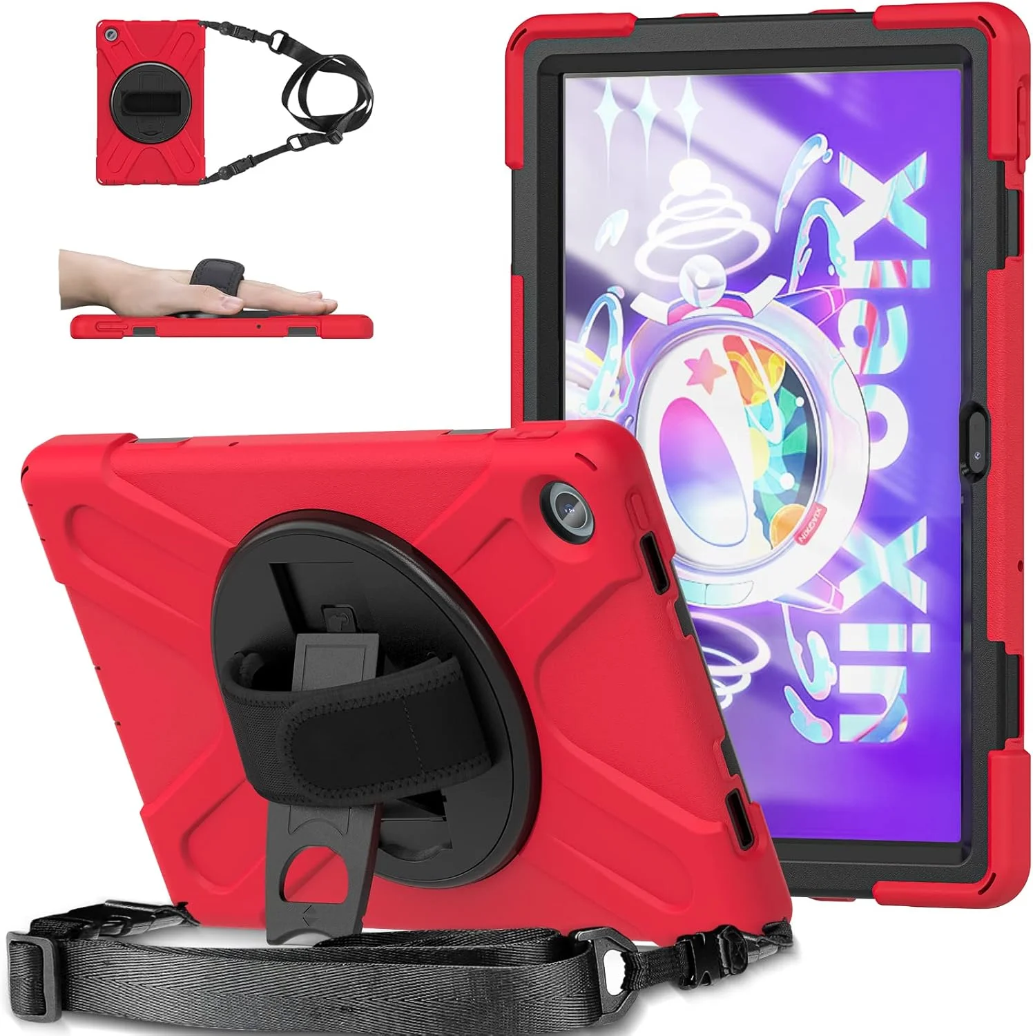 Herize Case for Lenovo-Tab-M10-Plus (3rd Gen) 10.6" 2022 w/Stylus Holder & 360° Rotating Kickstand, Heavy Duty Rugged Hybrid Shock-Proof Cover with Hand/Shoulder Strap TB125FU/TB128FU/TB128XU (Red)