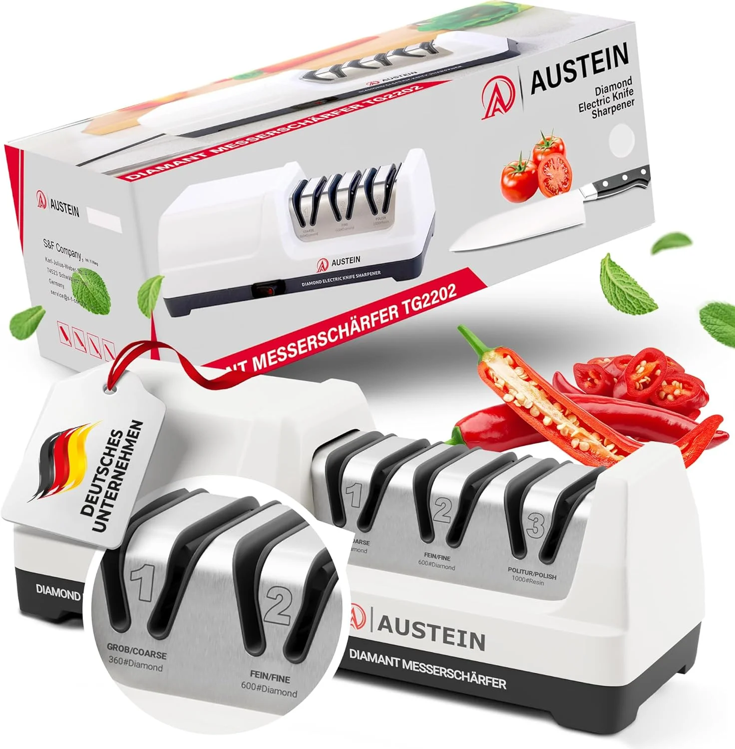 چاقو تیزکن برقی الماسه AUSTEIN مدل TG2202 - چاقو تیزکن 3 فاز با زاویه 20 درجه و جمع کننده مغناطیسی تراشه