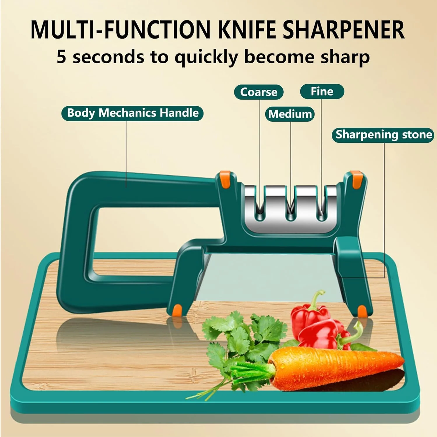 چاقو تیزکن چند منظوره آزونی، چاقو تیزکن 4 در 1 با سنگ تیزکن، چاقو تیزکن حرفه ای، چاقو تیزکن دستی برای چاقوی آشپزخانه، چاقوی میوه، قیچی (سبز)
