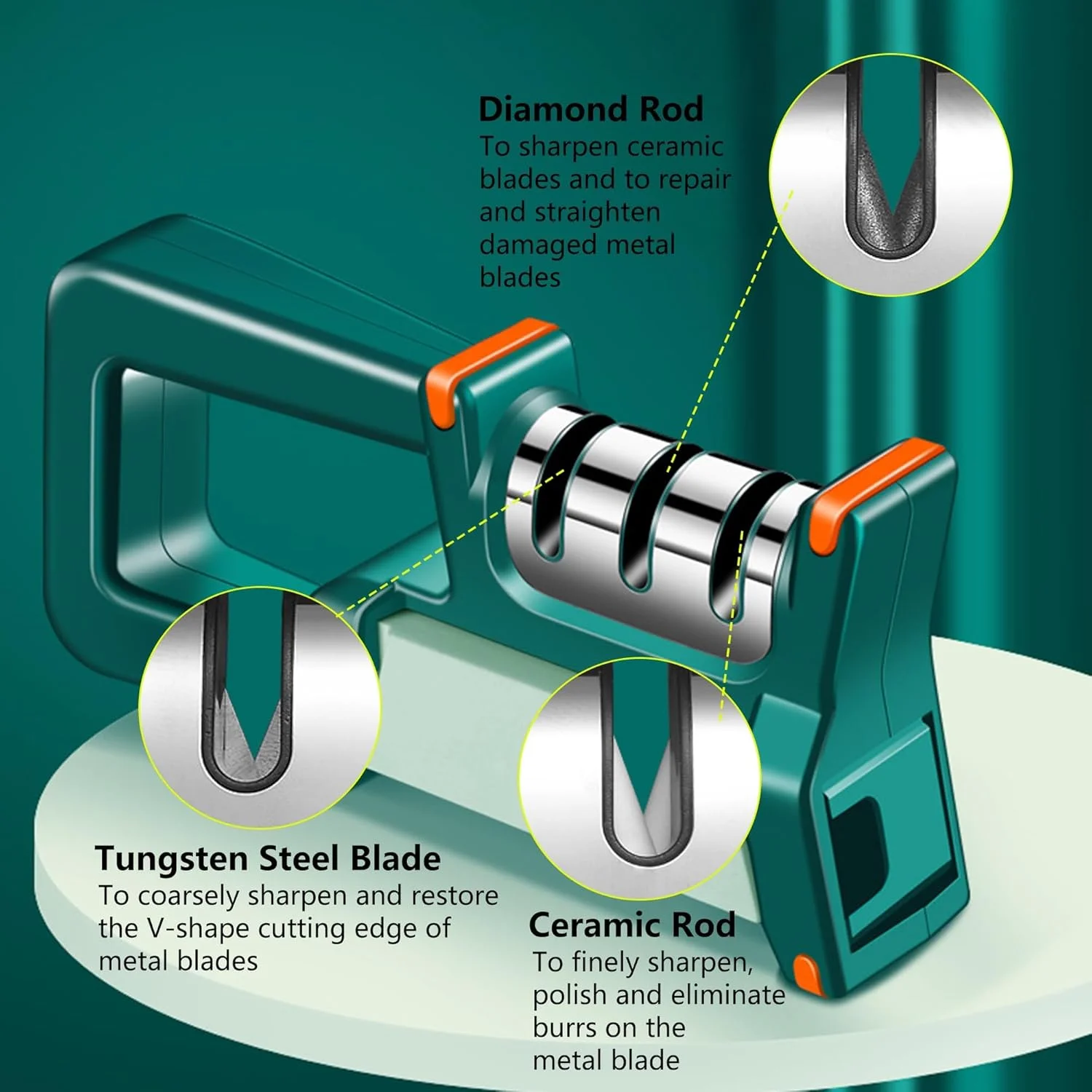 چاقو تیزکن چند منظوره آزونی، چاقو تیزکن 4 در 1 با سنگ تیزکن، چاقو تیزکن حرفه ای، چاقو تیزکن دستی برای چاقوی آشپزخانه، چاقوی میوه، قیچی (سبز)
