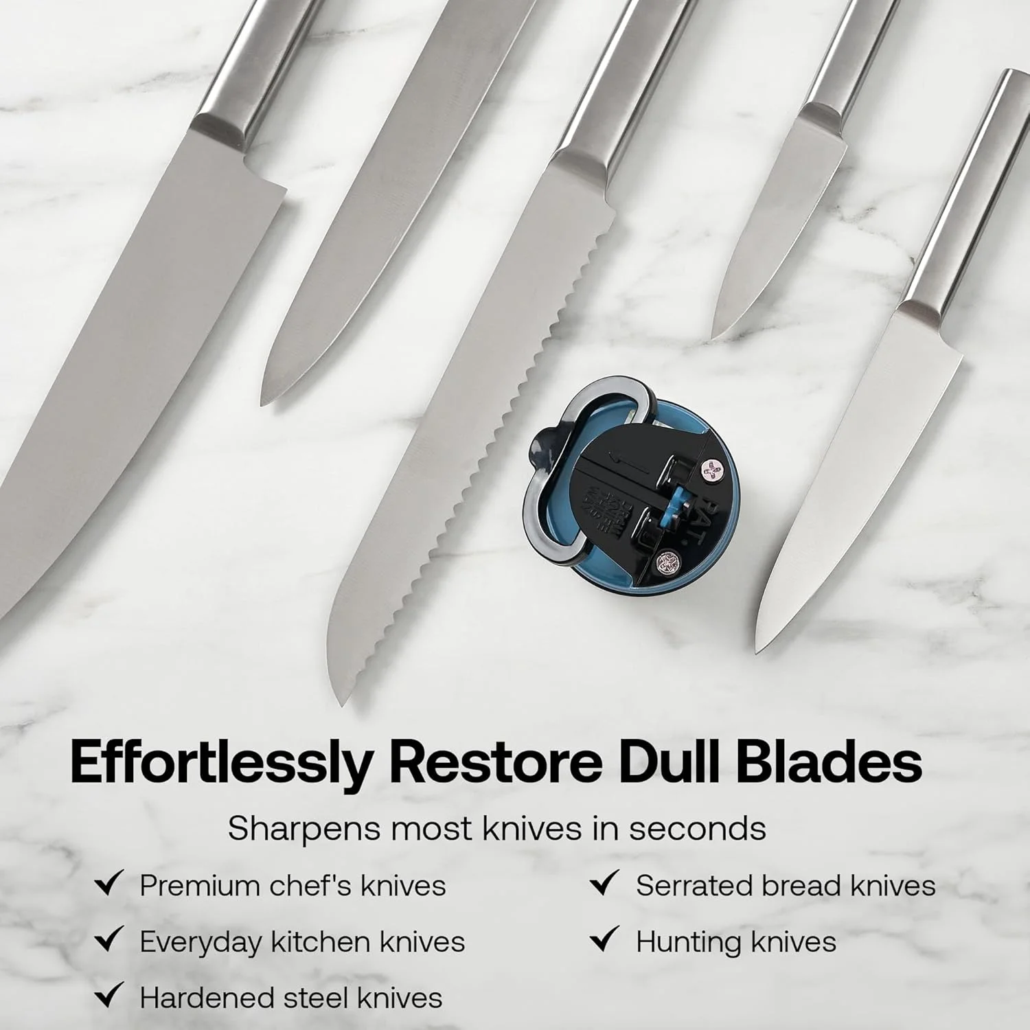 چاقو تیز کن AnySharp، ایمنی بدون نیاز به دست، مکش PowerGrip، تیز کردن ایمن انواع چاقوهای آشپزخانه، ایده آل برای فولاد سخت شده و دندانه دار، بهترین در جهان، جمع و جور، تک سایز، آبی