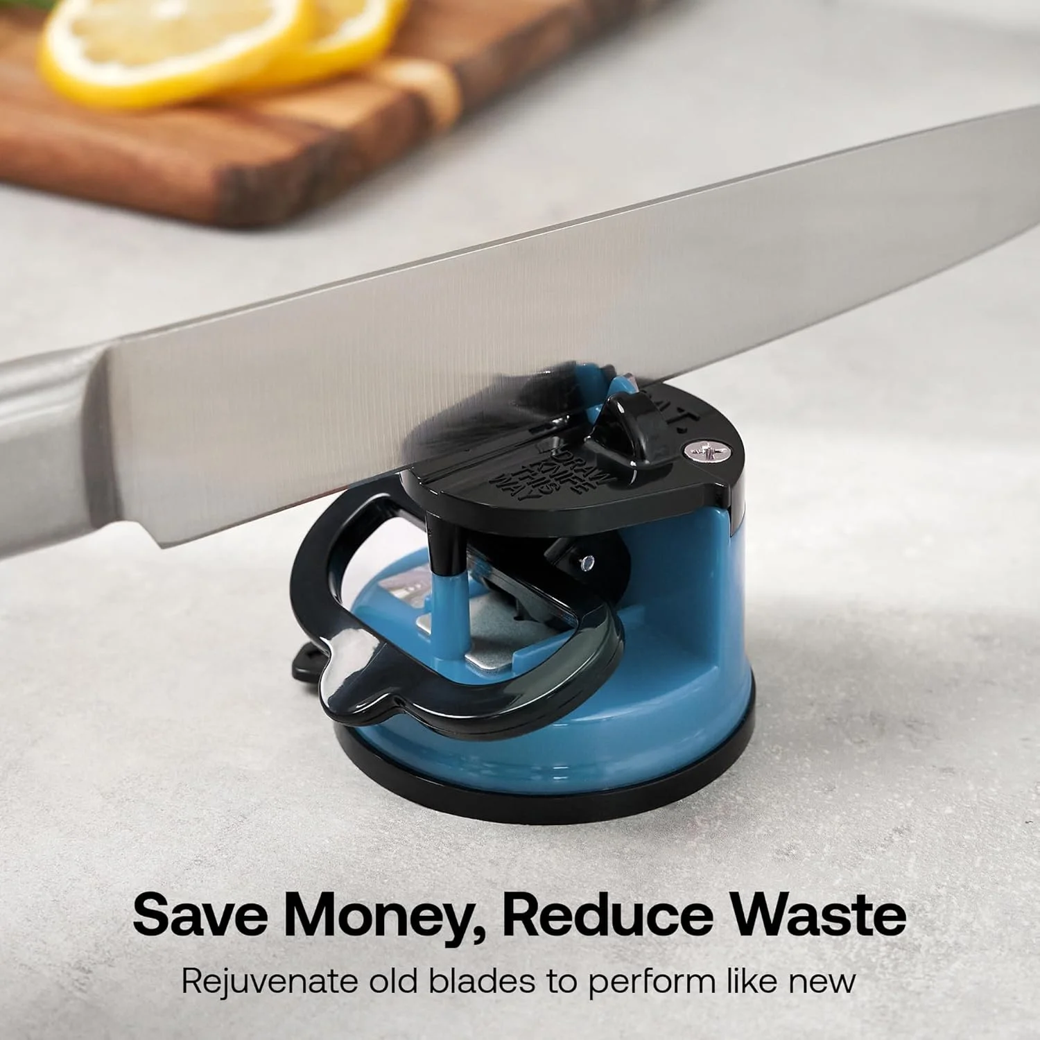 چاقو تیز کن AnySharp، ایمنی بدون نیاز به دست، مکش PowerGrip، تیز کردن ایمن انواع چاقوهای آشپزخانه، ایده آل برای فولاد سخت شده و دندانه دار، بهترین در جهان، جمع و جور، تک سایز، آبی