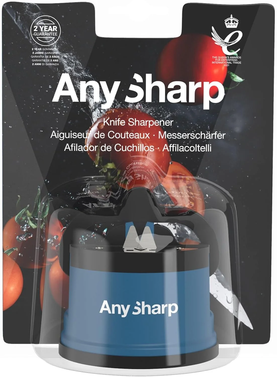 چاقو تیز کن AnySharp، ایمنی بدون نیاز به دست، مکش PowerGrip، تیز کردن ایمن انواع چاقوهای آشپزخانه، ایده آل برای فولاد سخت شده و دندانه دار، بهترین در جهان، جمع و جور، تک سایز، آبی