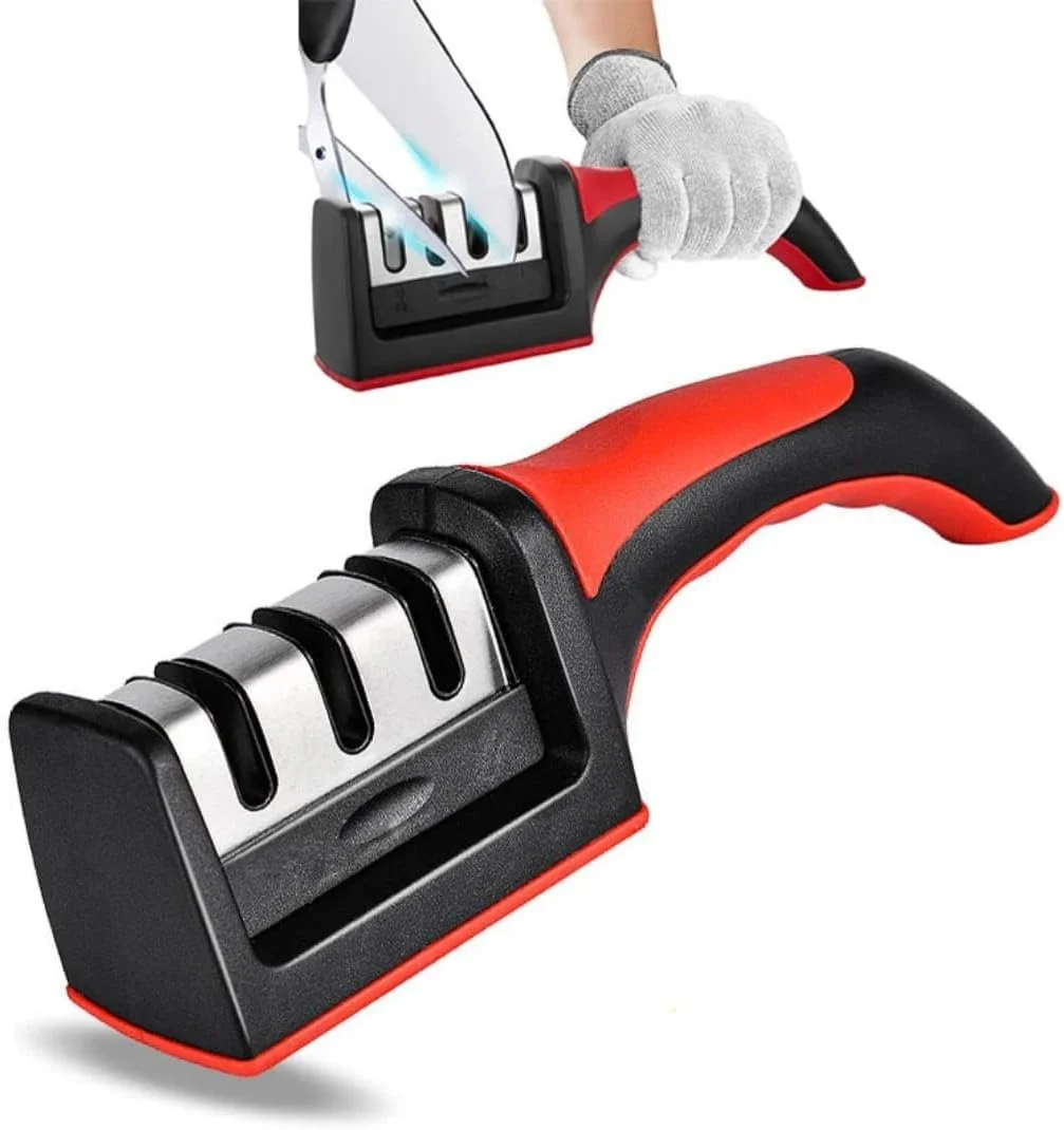 چاقو تیز کن حرفه ای 3 مرحله ای 2 عددی - دقت فوق العاده - دسته ارگونومیک (قرمز و مشکی) - پایه ضد لغزش - برای تعمیر، سنگ زنی، پولیش تیغه - برای چاقوهای آشپزخانه و سرآشپز