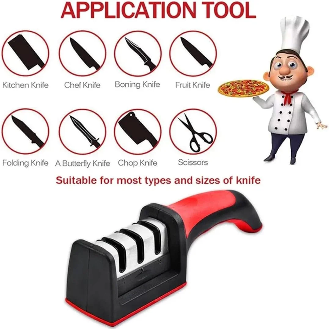 چاقو تیز کن حرفه ای 3 مرحله ای 2 عددی - دقت فوق العاده - دسته ارگونومیک (قرمز و مشکی) - پایه ضد لغزش - برای تعمیر، سنگ زنی، پولیش تیغه - برای چاقوهای آشپزخانه و سرآشپز