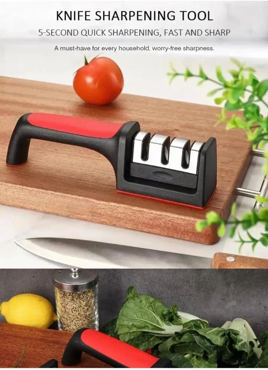 چاقو تیز کن حرفه ای 3 مرحله ای 2 عددی - دقت فوق العاده - دسته ارگونومیک (قرمز و مشکی) - پایه ضد لغزش - برای تعمیر، سنگ زنی، پولیش تیغه - برای چاقوهای آشپزخانه و سرآشپز