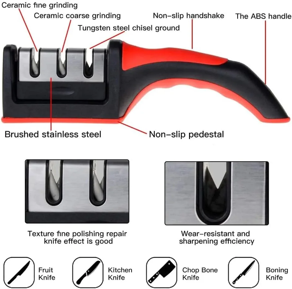 چاقو تیز کن حرفه ای 3 مرحله ای 2 عددی - دقت فوق العاده - دسته ارگونومیک (قرمز و مشکی) - پایه ضد لغزش - برای تعمیر، سنگ زنی، پولیش تیغه - برای چاقوهای آشپزخانه و سرآشپز