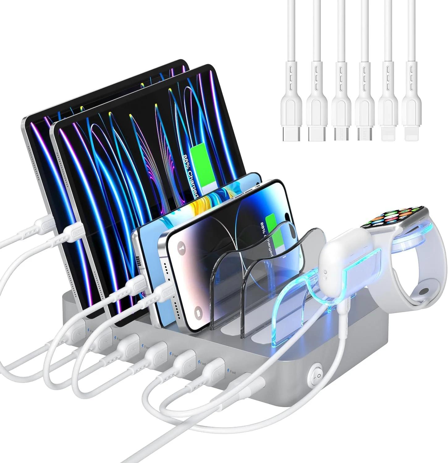 استند شارژر USB شش پورت پریمیوم SOOPII برای دستگاه های متعدد، شامل 6 کابل شارژ کوتاه و یک نگهدارنده شارژر i-Watch ارتقا یافته، برای تلفن ها، تبلت ها و سایر لوازم الکترونیکی، نقره ای