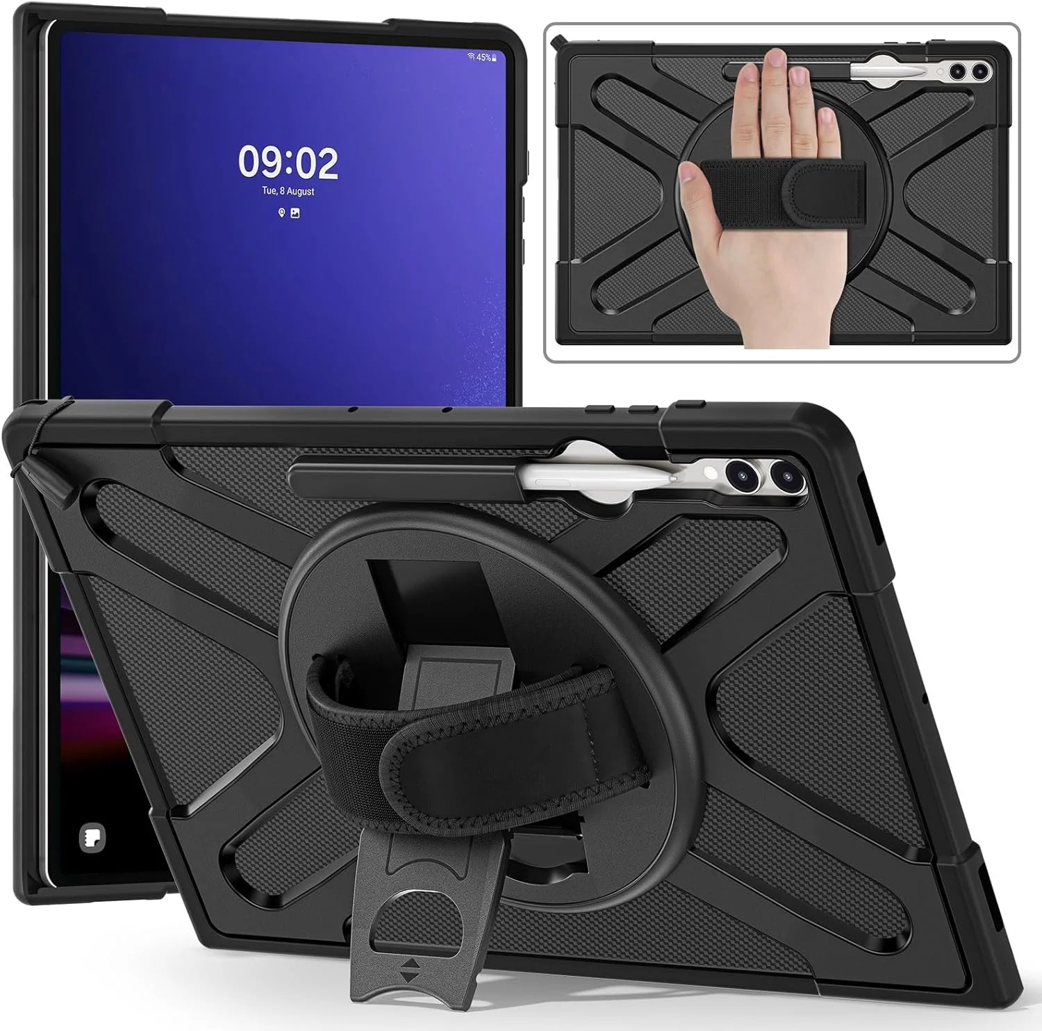 محافظ تبلت سازگار با Samsung Galaxy Tab S9 Ultra 2023 X910: قاب محافظ سنگین با پایه چرخان، دسته و ضربه گیر ضد ضربه محافظ تبلت سازگار با Samsung Galaxy Tab S9 Ultra 2023 X910: قاب محافظ سنگین با پایه چرخان، دسته و ضربه گیر ضد ضربه