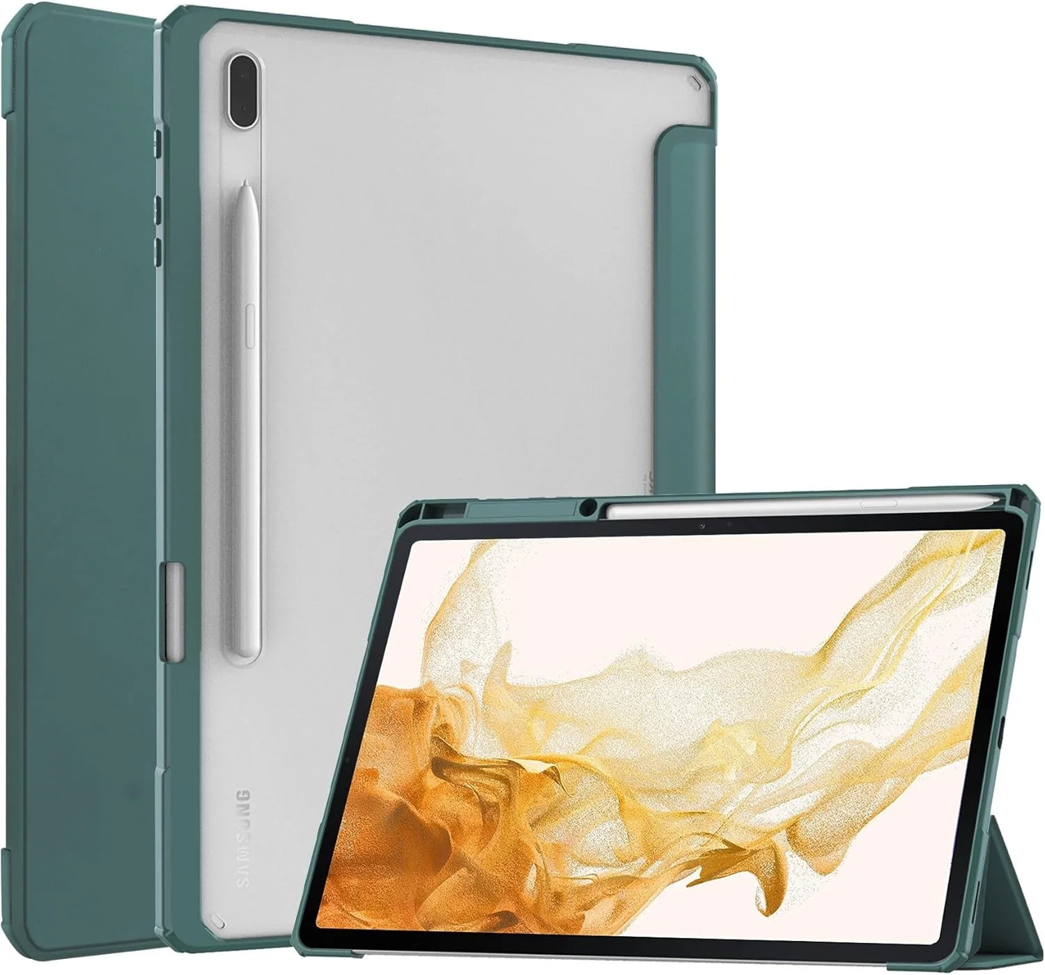 Tri-Fold Smart Tablet Case Compatible with Samsung Galaxy Tab S7 Plus 12.4 inch,TPU Slim Protective Transparent Back Stand Case w/Pencil Holder Shockproof Cover,Auto Wake/Sleep.Dark Green Tri-Fold Smart Tablet Case Compatible with Samsung Galaxy Tab S7 Plus 12.4 inch,TPU Slim Protective Transparent Back Stand Case w/Pencil Holder Shockproof Cover,Auto Wake/Sleep.Dark Green