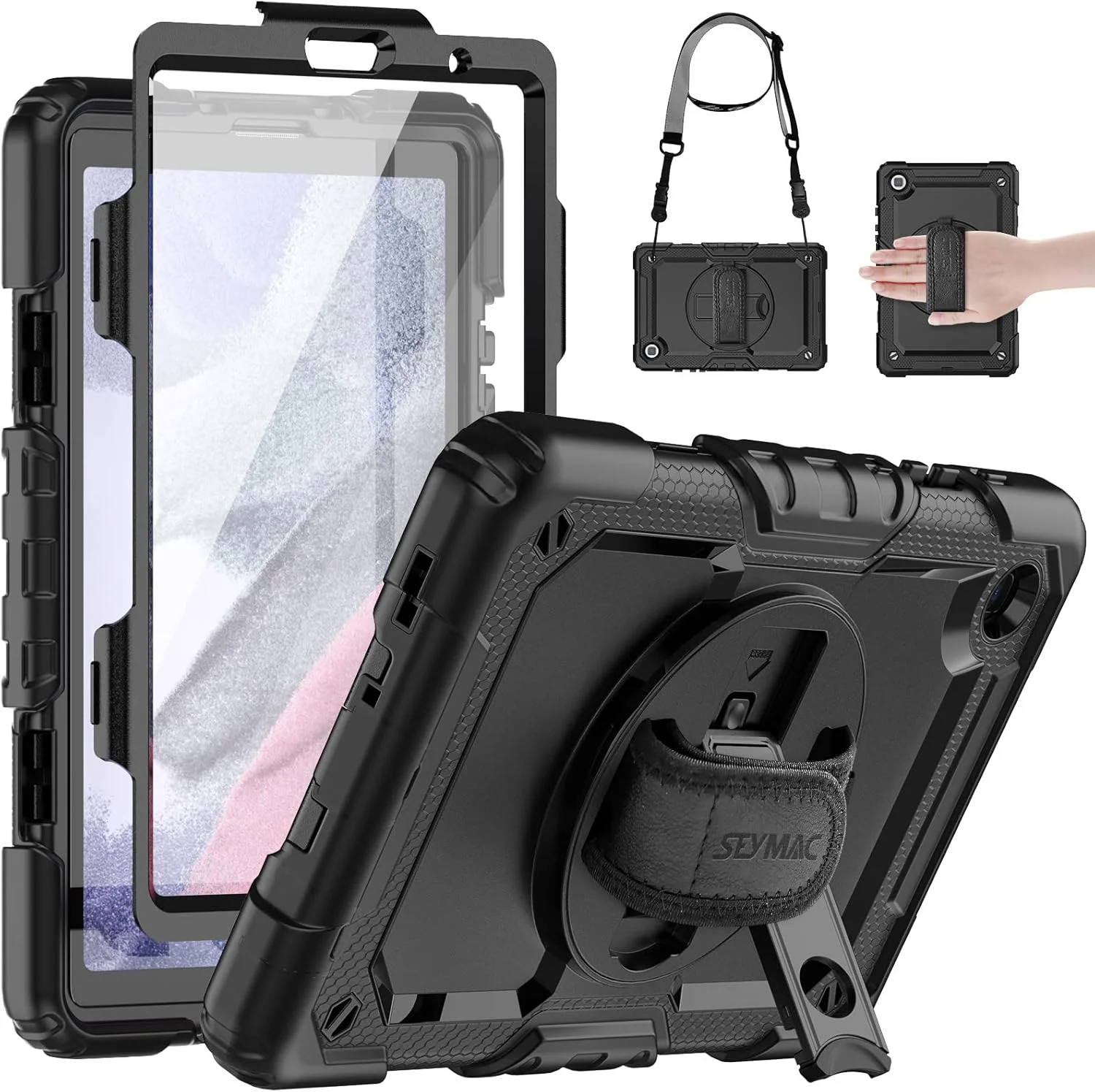 کاور تبلت SEYMAC مناسب برای تبلت سامسونگ گلکسی تب A7 لایت 2021 سایز 8.7 اینچ (T220/T225)، مقاوم در برابر ضربه با محافظ صفحه نمایش، دارای بند چرخشی 360 درجه و استند، بند شانه، جای قلم S، مشکی