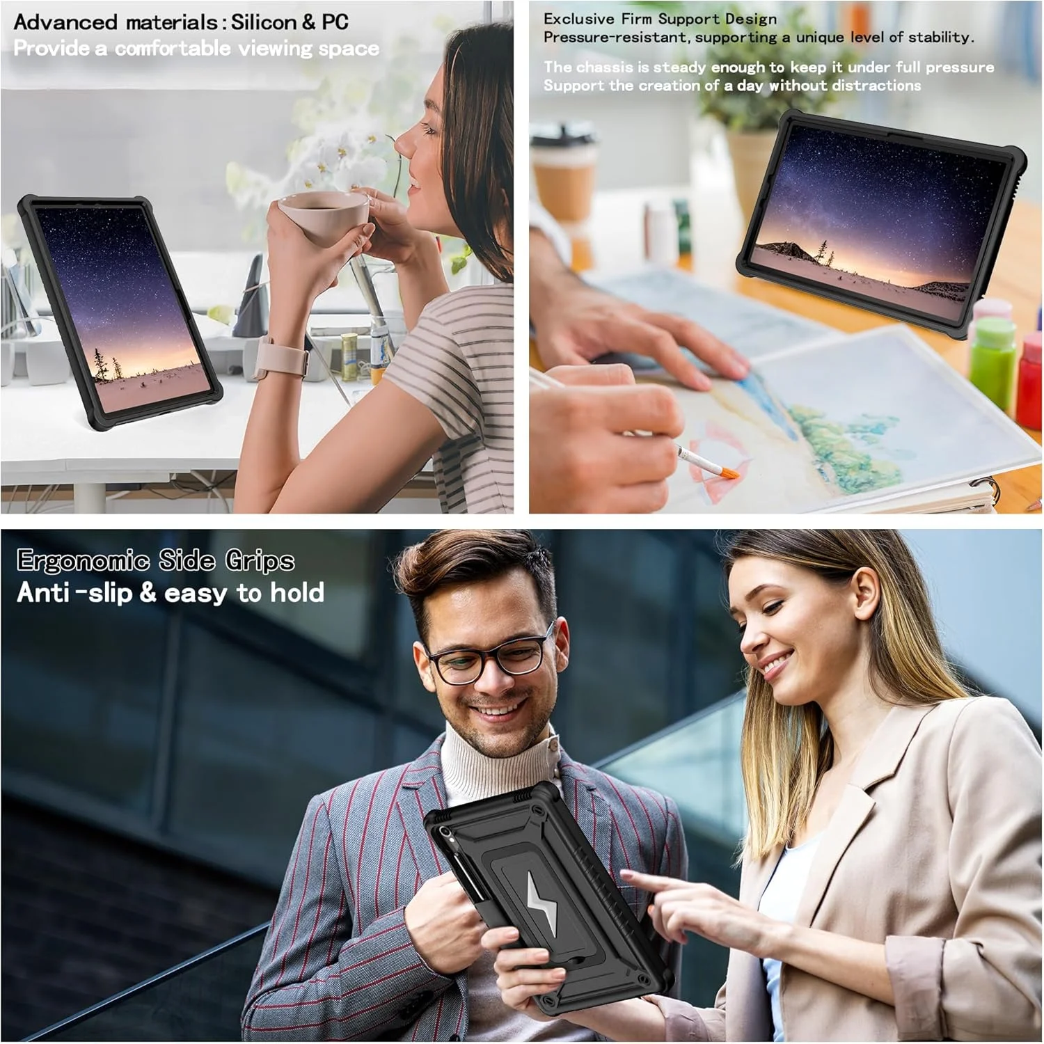 کیف تبلت سازگار با Samsung Galaxy Tab S10 FE 10.9 اینچی (SM-X520/X526B/X528U) 2025 با پایه داخلی + بند شانه، کیف مقاوم، پوشش محافظ ضد ضربه هیبریدی. مشکی کیف تبلت سازگار با Samsung Galaxy Tab S10 FE 10.9 اینچی (SM-X520/X526B/X528U) 2025 با پایه داخلی + بند شانه، کیف مقاوم، پوشش محافظ ضد ضربه هیبریدی. مشکی