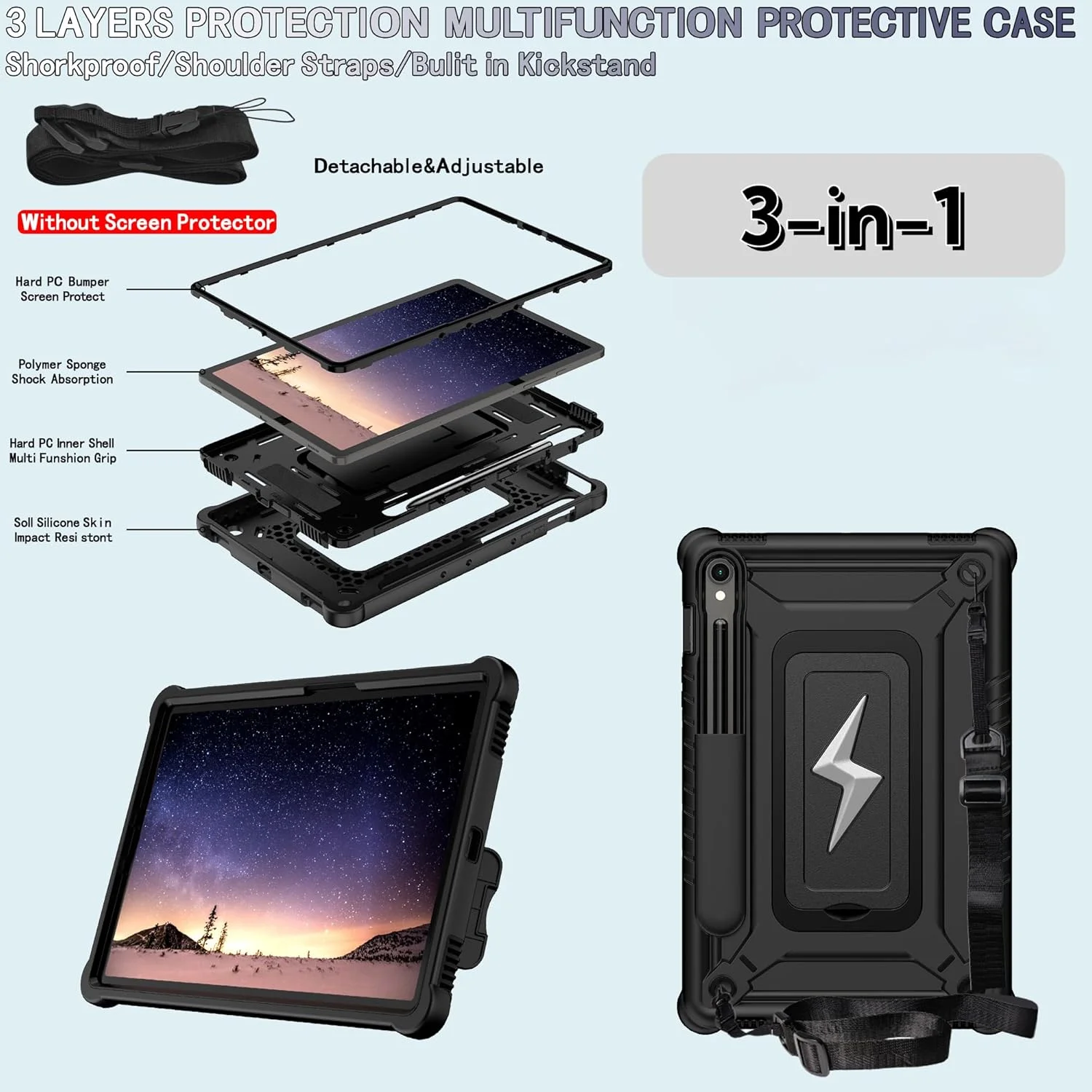 کیف تبلت سازگار با Samsung Galaxy Tab S10 FE 10.9 اینچی (SM-X520/X526B/X528U) 2025 با پایه داخلی + بند شانه، کیف مقاوم، پوشش محافظ ضد ضربه هیبریدی. مشکی کیف تبلت سازگار با Samsung Galaxy Tab S10 FE 10.9 اینچی (SM-X520/X526B/X528U) 2025 با پایه داخلی + بند شانه، کیف مقاوم، پوشش محافظ ضد ضربه هیبریدی. مشکی