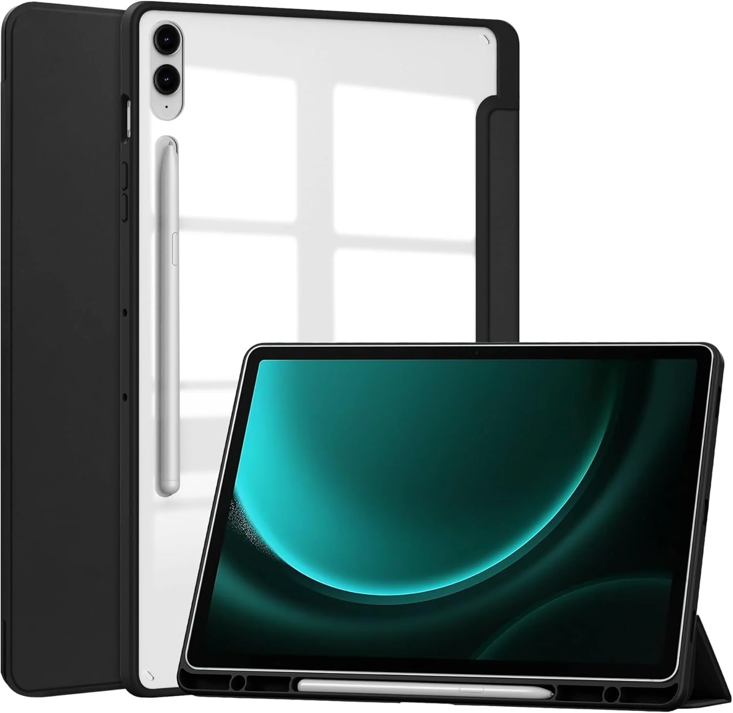 کاور هوشمند تبلت سه تایی سازگار با Samsung Galaxy Tab S9 FE Plus 12.4 اینچ SM-X610/SM-X616، کاور محافظ پشتی شفاف باریک TPU با پایه و ضد ضربه به همراه جای مدادی، قابلیت بیدار شدن/خواب خودکار. مشکی کاور هوشمند تبلت سه تایی سازگار با Samsung Galaxy Tab S9 FE Plus 12.4 اینچ SM-X610/SM-X616، کاور محافظ پشتی شفاف باریک TPU با پایه و ضد ضربه به همراه جای مدادی، قابلیت بیدار شدن/خواب خودکار. مشکی