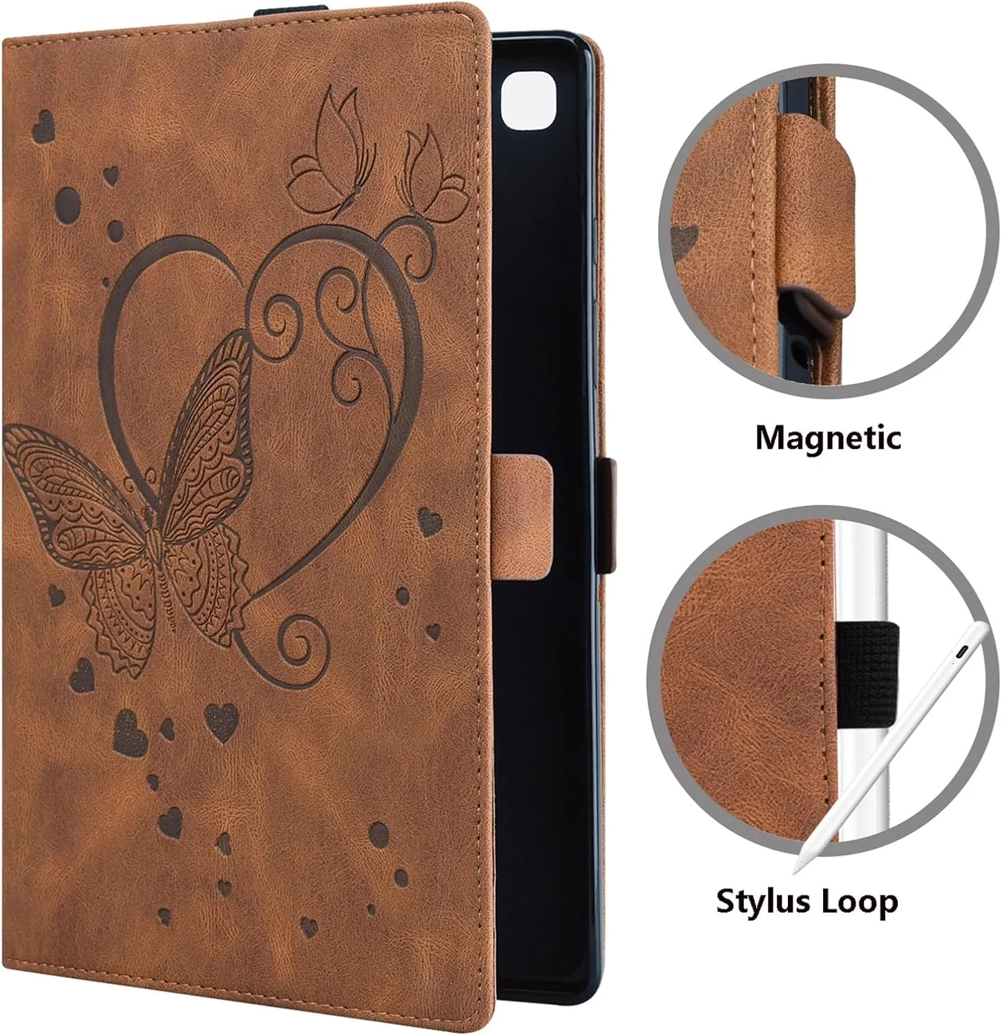 کیف تبلت SLLMYYX سازگار با تبلت سامسونگ گلکسی تب S9 FE Plus/S9 Plus/S8 Plus/S7 FE/S7 Plus 12.4 اینچ، جلد هوشمند چرمی PU طرح پروانه عشق با قابلیت استند (قهوه ای)
