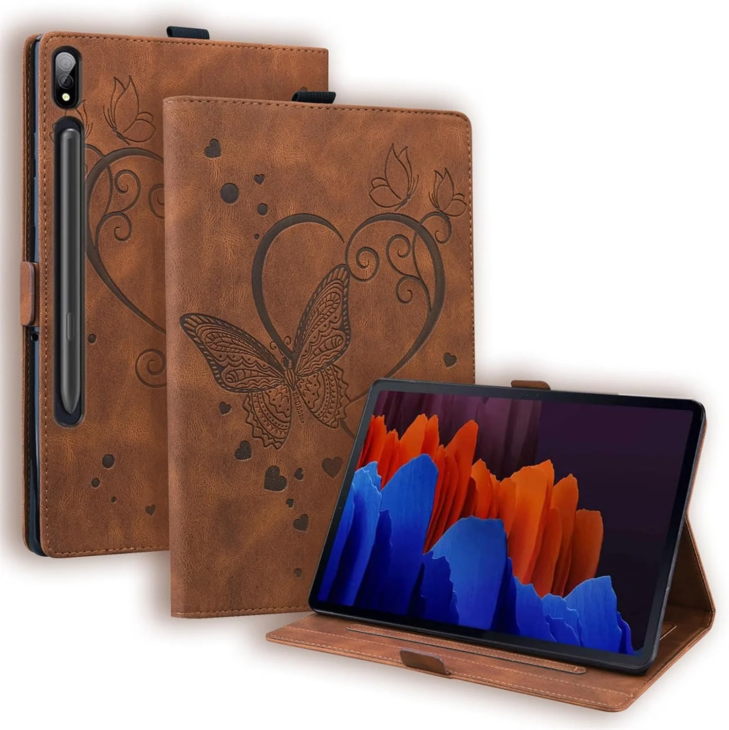 کیف تبلت SLLMYYX سازگار با تبلت سامسونگ گلکسی تب S9 FE Plus/S9 Plus/S8 Plus/S7 FE/S7 Plus 12.4 اینچ، جلد هوشمند چرمی PU طرح پروانه عشق با قابلیت استند (قهوه ای)