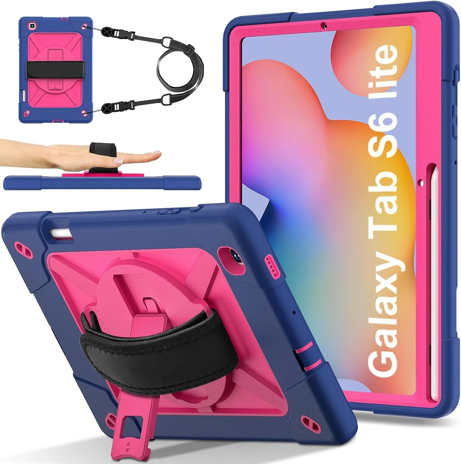 کیف تبلت، سازگار با Samsung Galaxy Tab S6 Lite 10.4 P613/P619 2022، کاور محافظ ضد ضربه تمام بدنه با بند مچی، پایه و محافظ نگهدارنده قلم (آبی نفتی + R)
