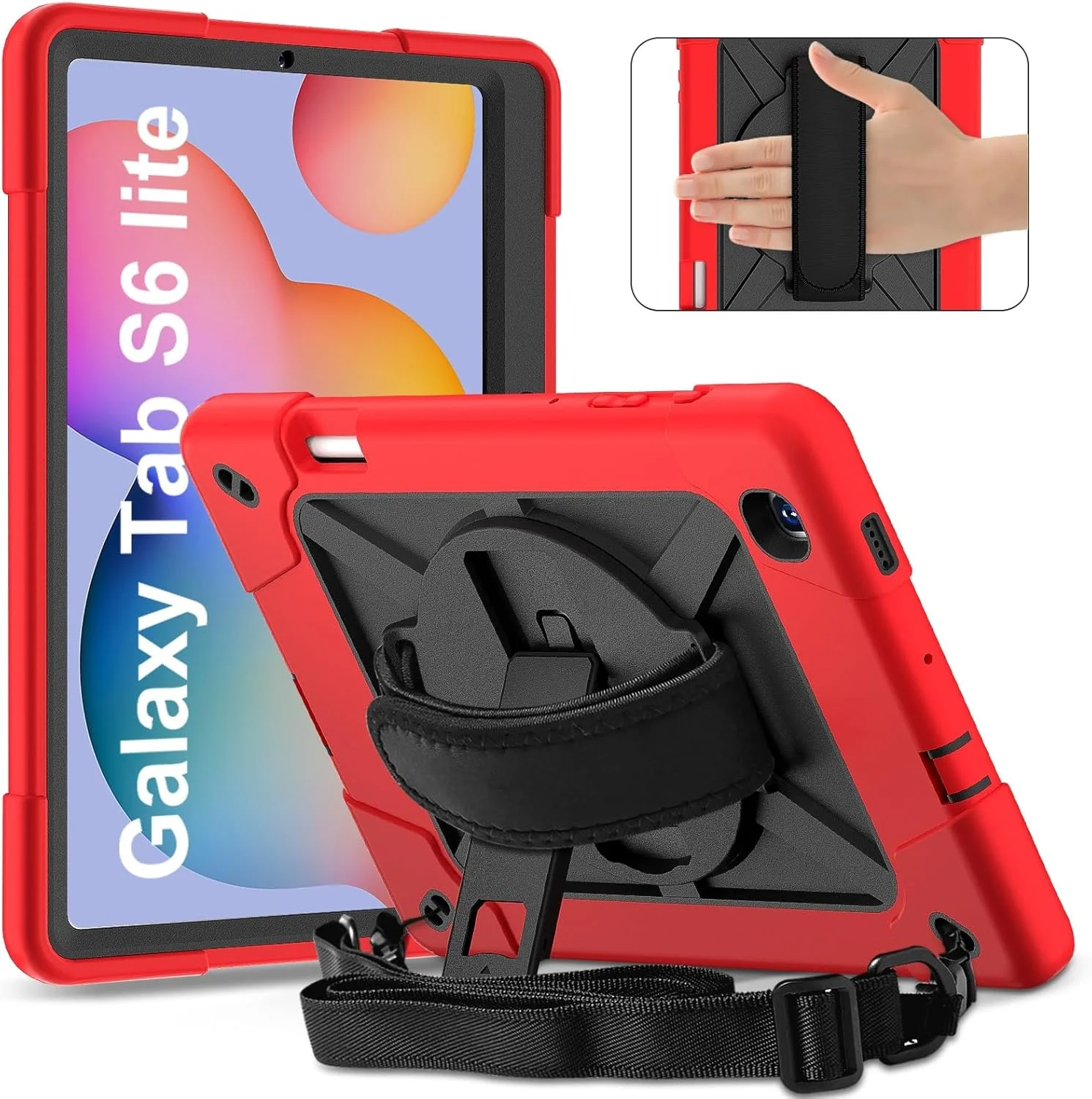 کیف تبلت، سازگار با Samsung Galaxy Tab S6 Lite 10.4'' 2020 (SH-P610/P615)، محافظ ضربه گیر سنگین تمام بدنه با بند مچی، پایه، محافظ نگهدارنده مداد (قرمز)