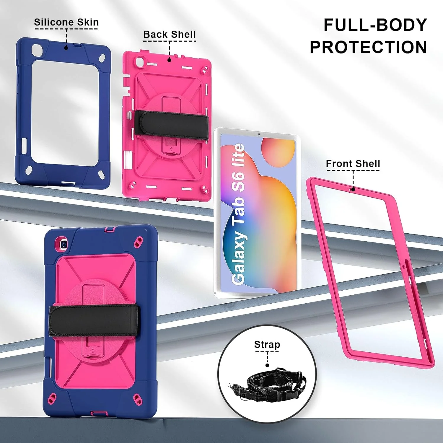 کیف تبلت، سازگار با Samsung Galaxy Tab S6 Lite 10.4 P613/P619 2022، کاور محافظ ضد ضربه تمام بدنه با بند مچی، پایه و محافظ نگهدارنده قلم (آبی نفتی + R)