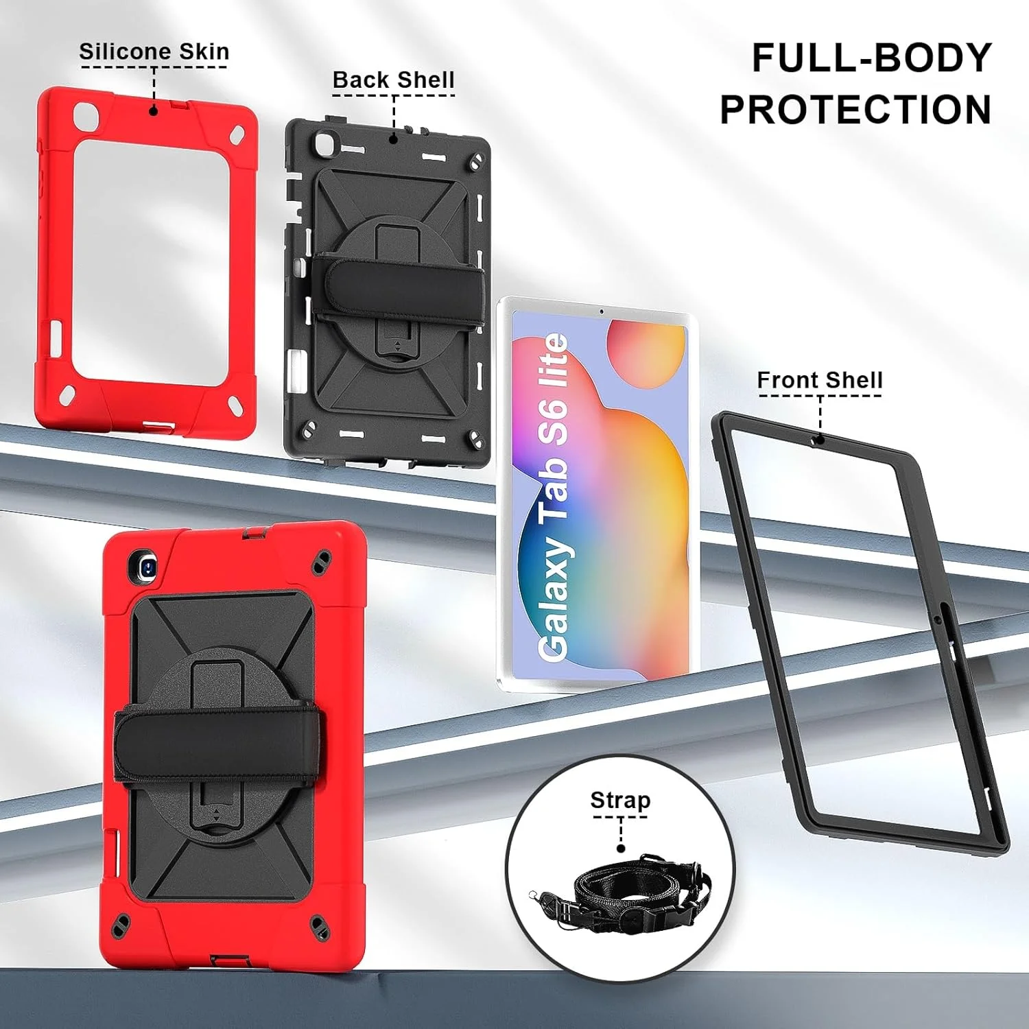 کیف تبلت، سازگار با Samsung Galaxy Tab S6 Lite 10.4'' 2020 (SH-P610/P615)، محافظ ضربه گیر سنگین تمام بدنه با بند مچی، پایه، محافظ نگهدارنده مداد (قرمز)